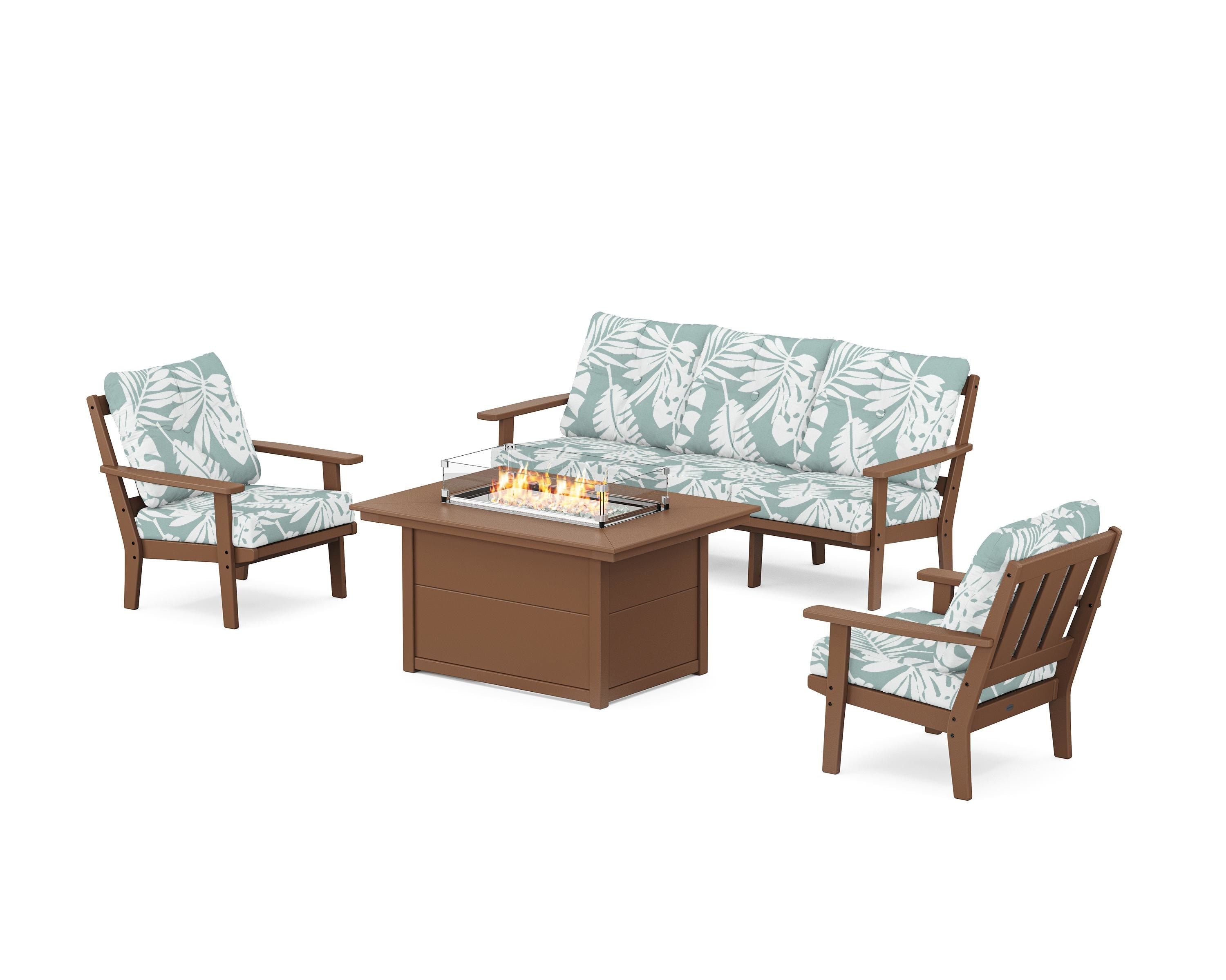 POLYWOOD Oxford Deep Seating Fire Pit Table Set in Teak / Leaf Glacier Spa