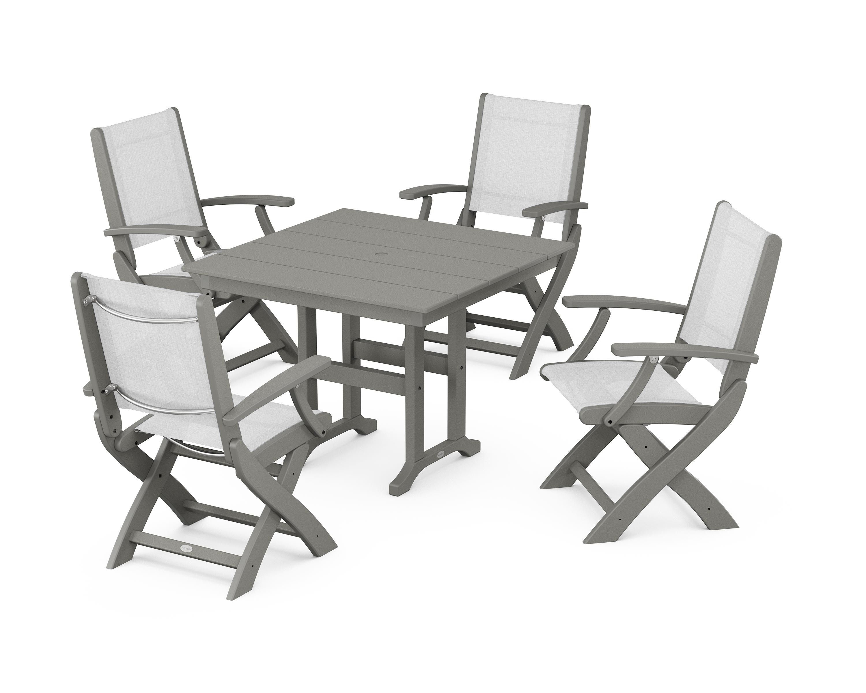 POLYWOOD Coastal Folding Chair 5-Piece Farmhouse Dining Set in Slate Grey / White Sling
