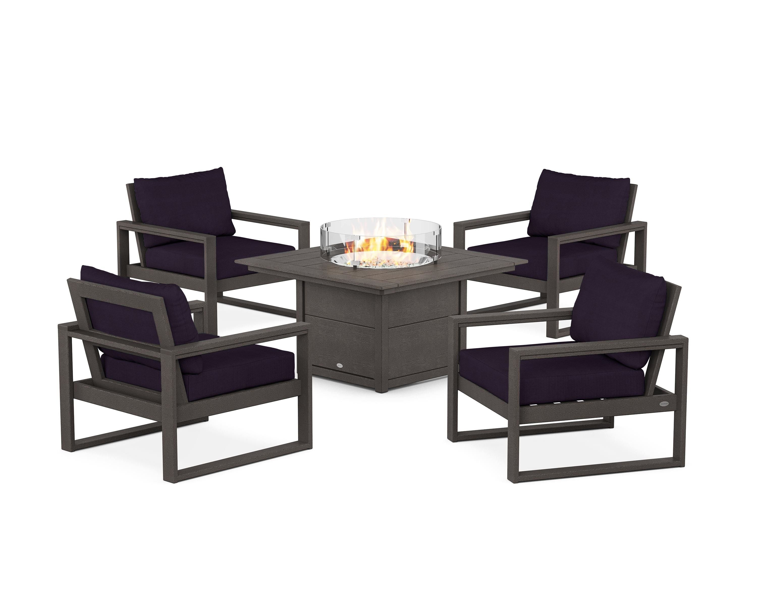 POLYWOOD EDGE Sectional 5-Piece Deep Seating Set with Fire Pit Table in Vintage Coffee / Navy Linen