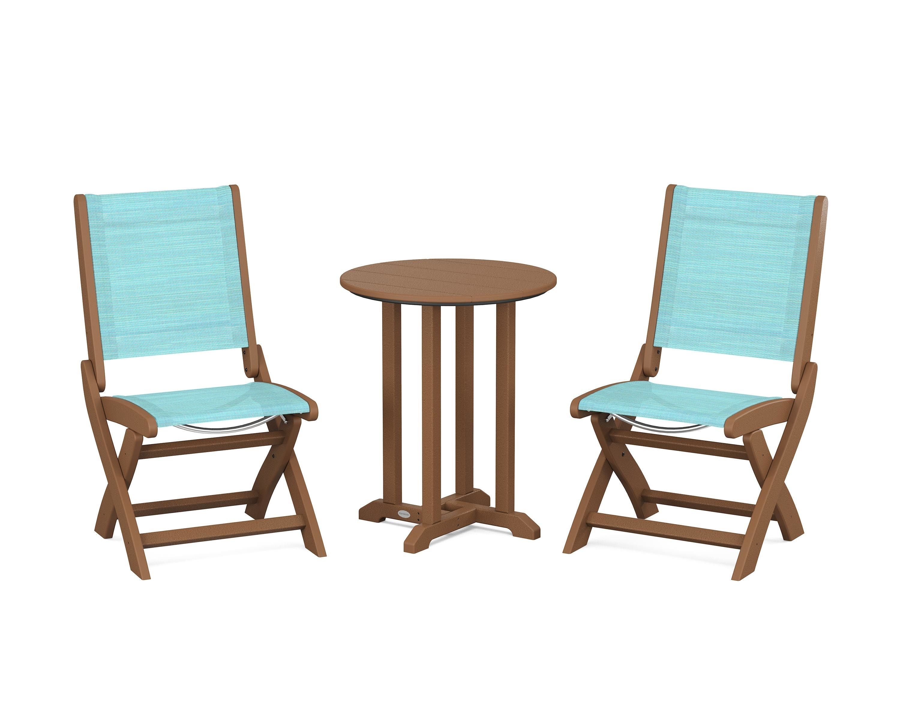 POLYWOOD Coastal Folding Side Chair 3-Piece Round Bistro Dining Set in Teak / Dupioni Aquamarine Sling