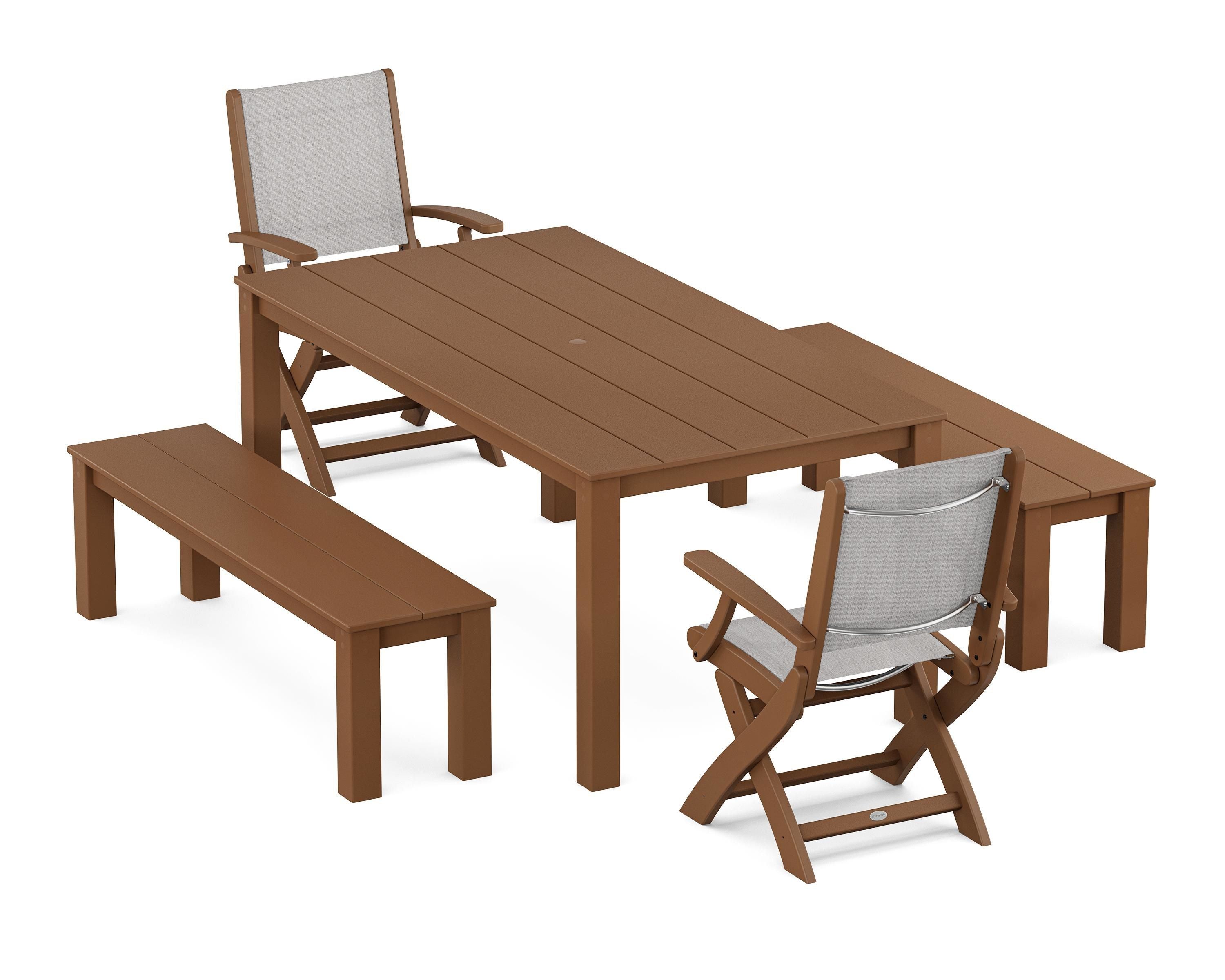 POLYWOOD Coastal Folding Chair 5-Piece Parsons Dining Set with Benches in Teak / Parchment Sling