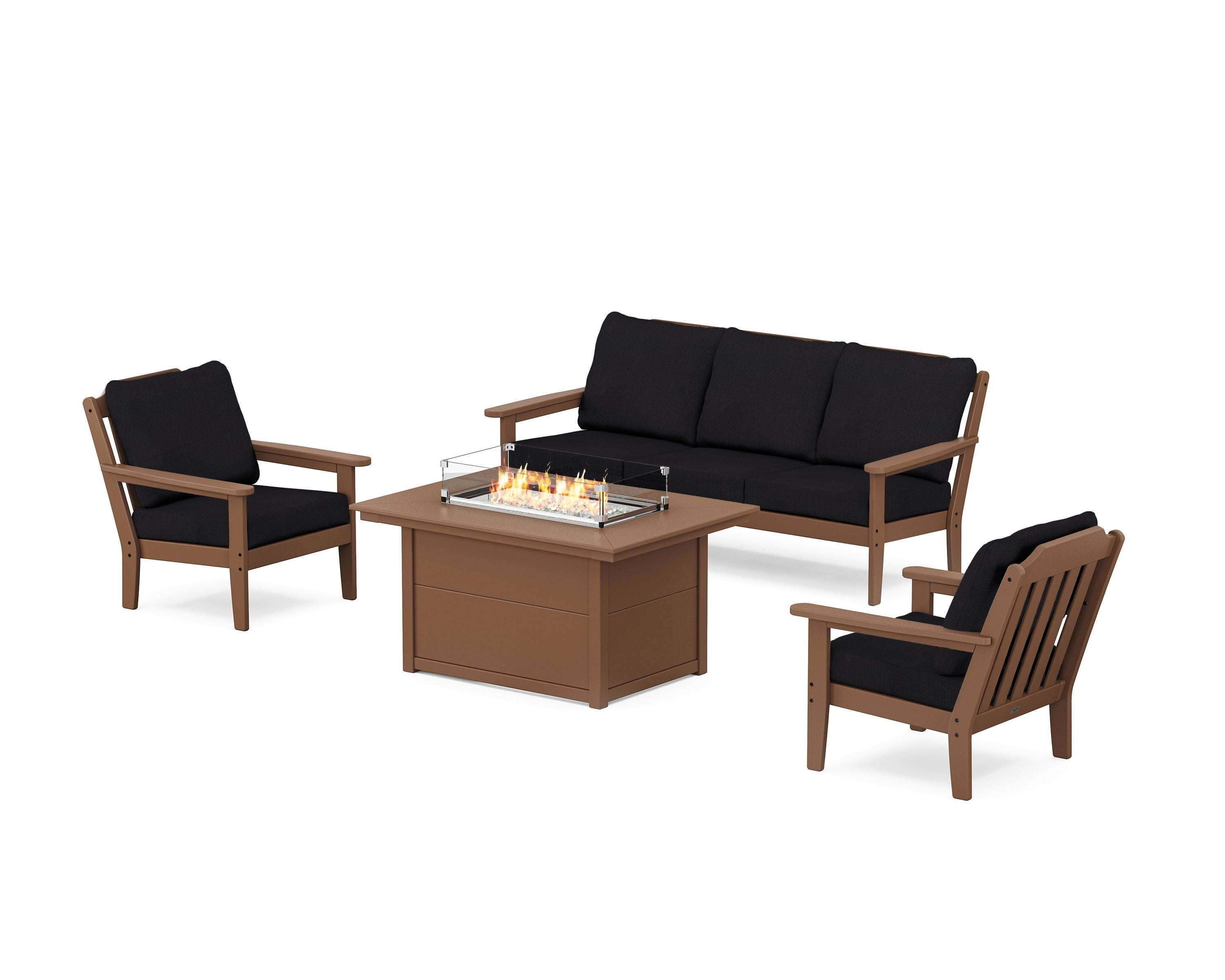 Country Living Cottage Deep Seating Fire Pit Table Set in Teak / Midnight Linen