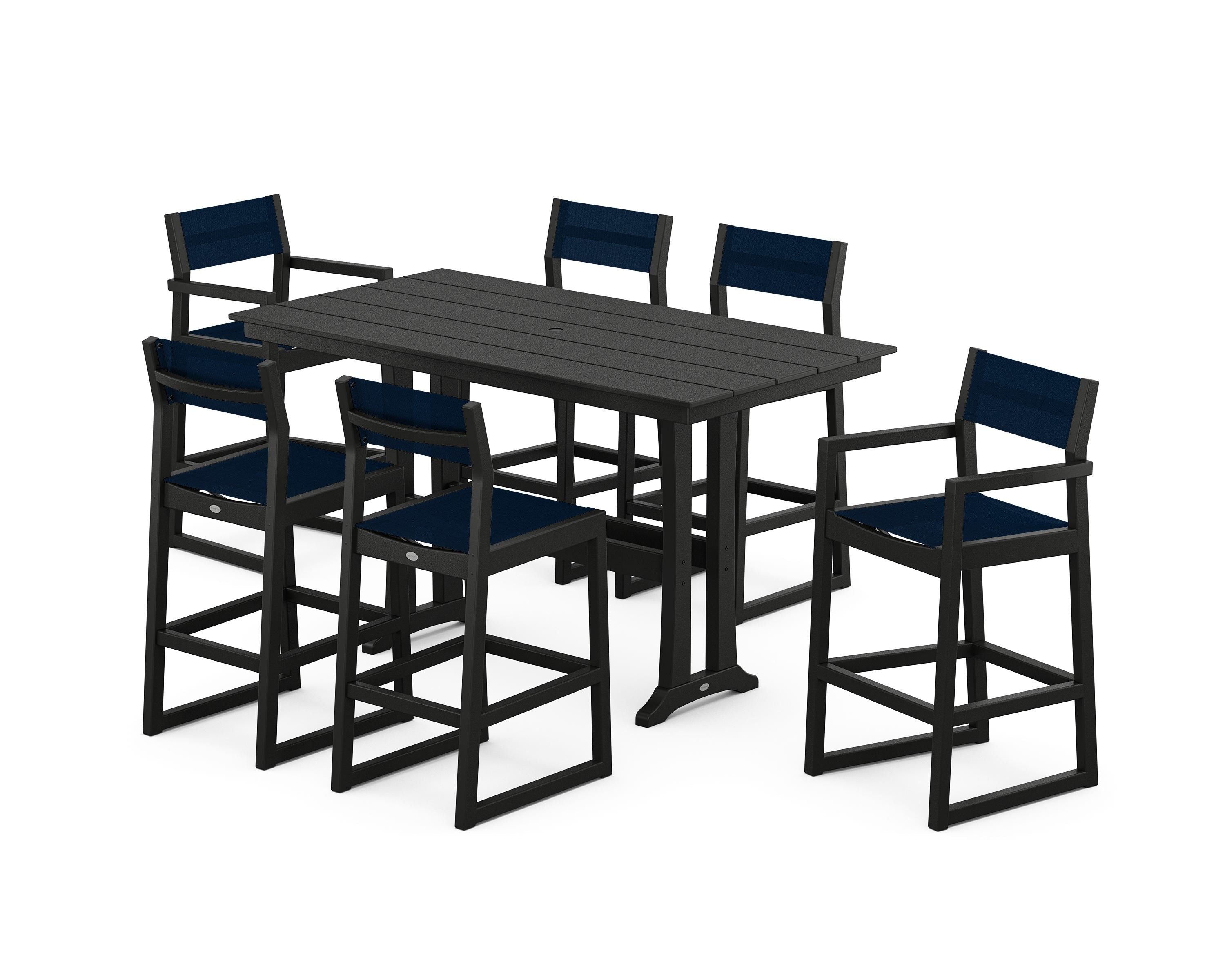 POLYWOOD EDGE Sling 7-Piece Farmhouse Bar Set with Trestle Legs in Black / Navy Blue Sling