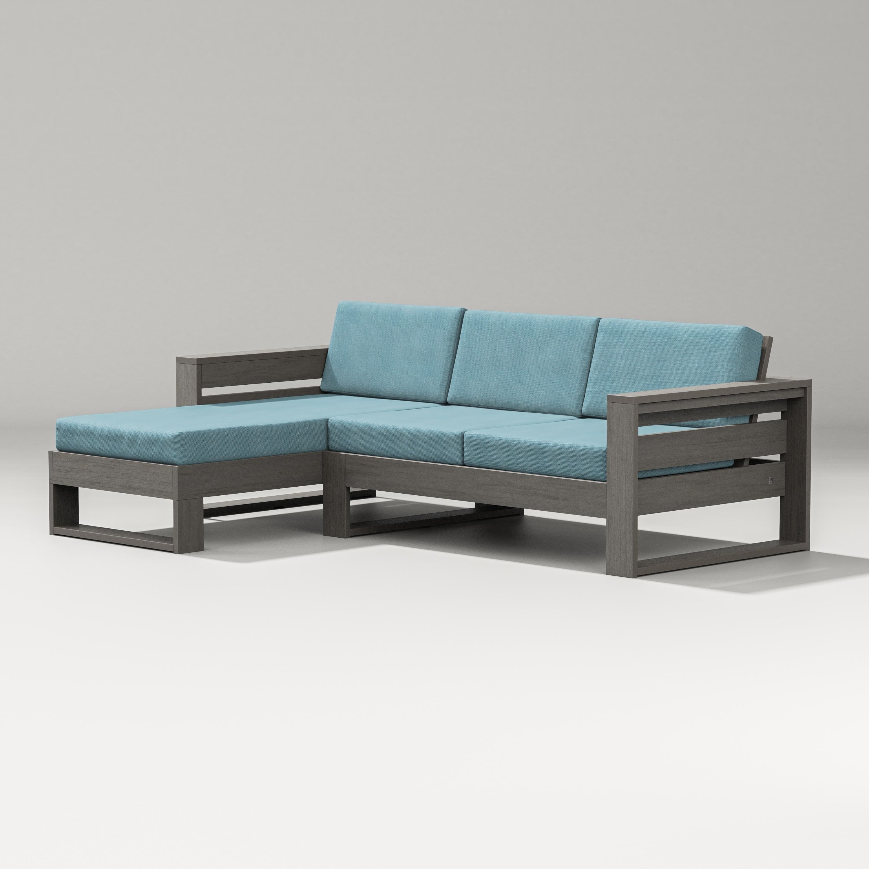 PW Designer Series Latitude Left Chaise Sectional in Driftwood / Lattice Sky Blue