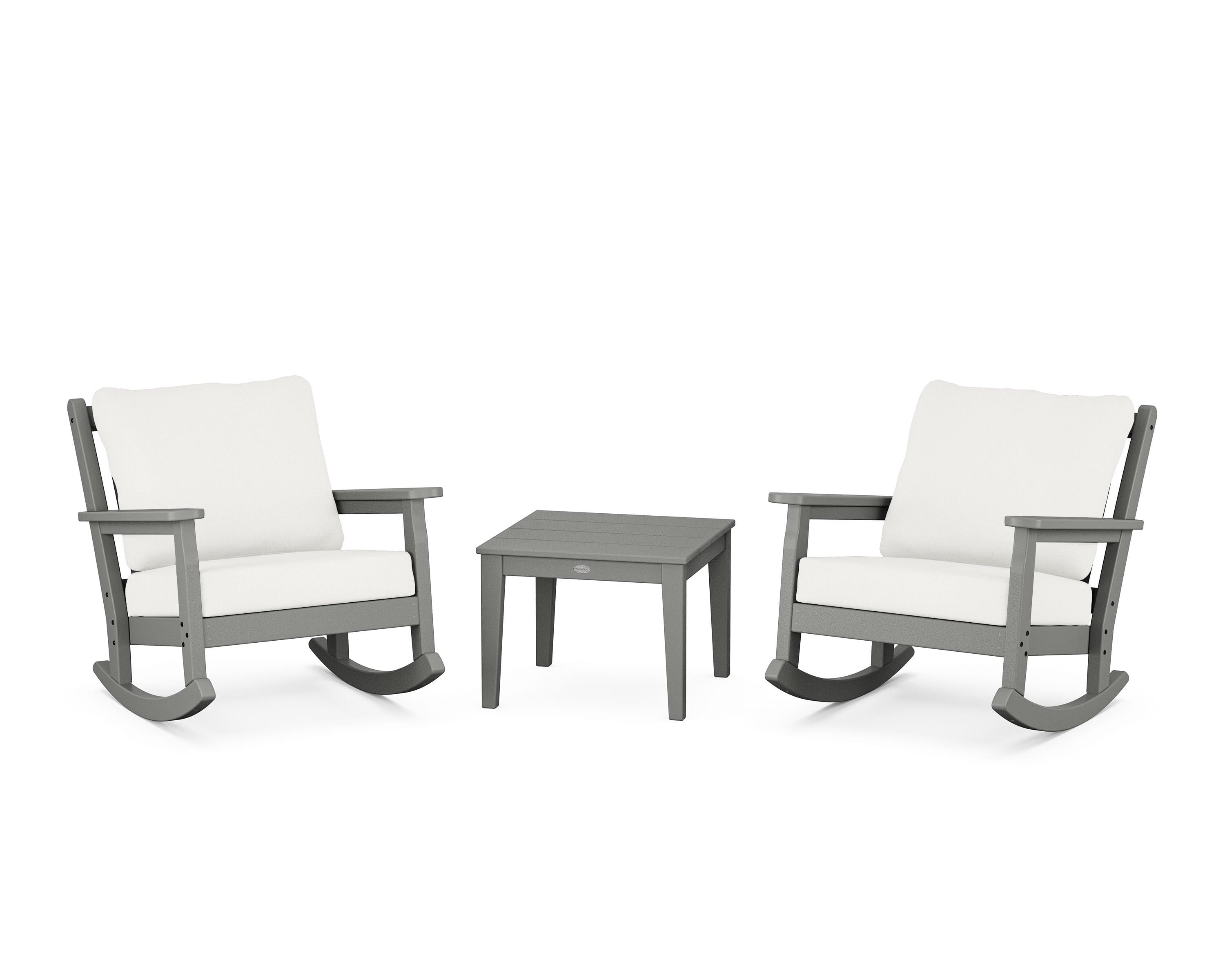 POLYWOOD Chippendale 3-Piece Deep Seating Rocker Set in Slate Grey / Natural Linen