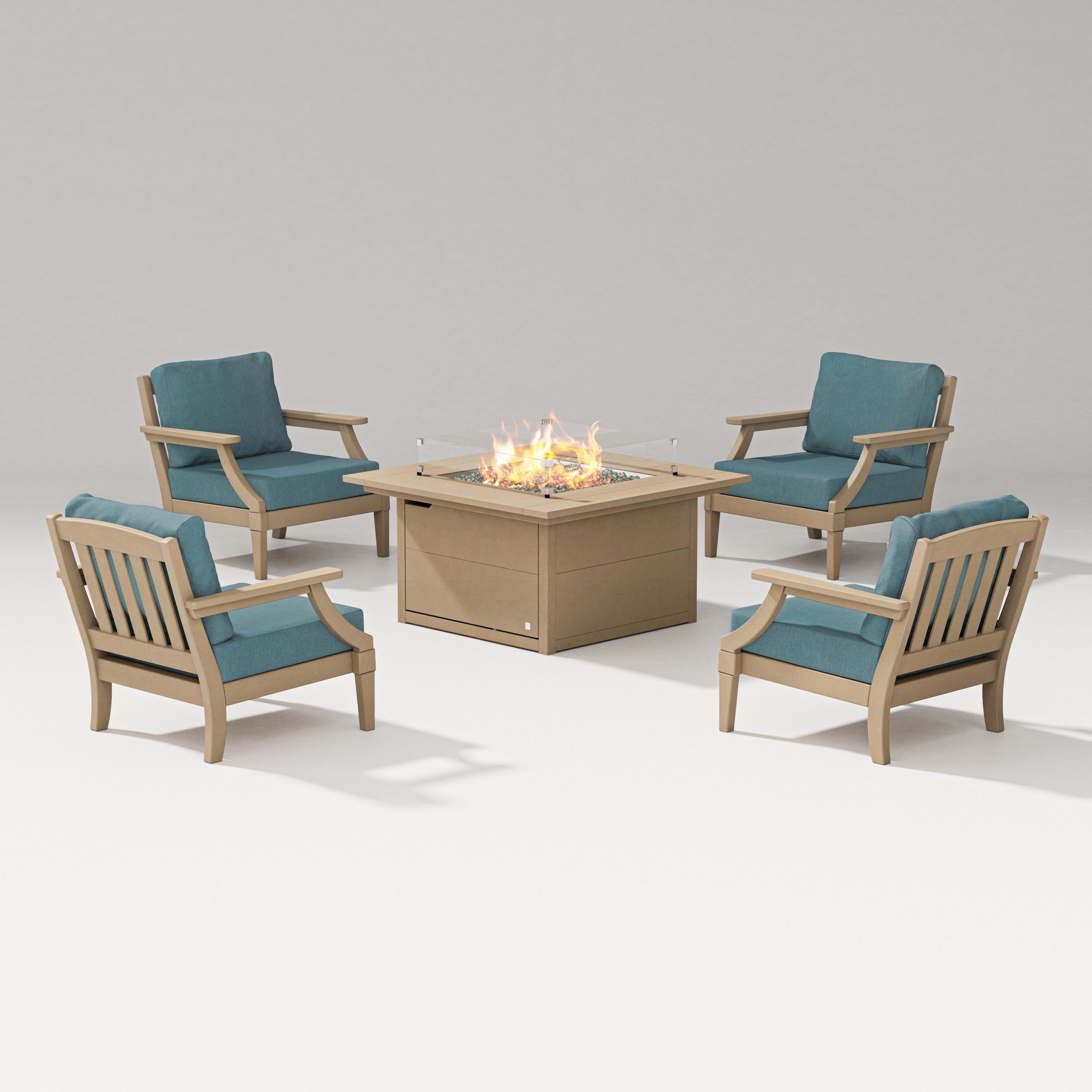 PW Designer Series Estate 5-Piece Lounge Fire Table Set in Vintage Sahara / Ocean Teal