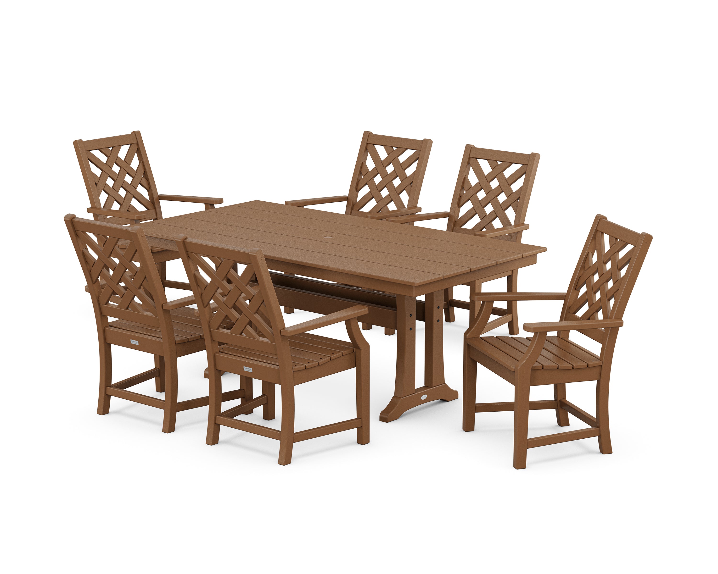 POLYWOOD Wovendale Arm Chair 7-Piece Farmhouse Dining Set with Trestle Legs in Teak