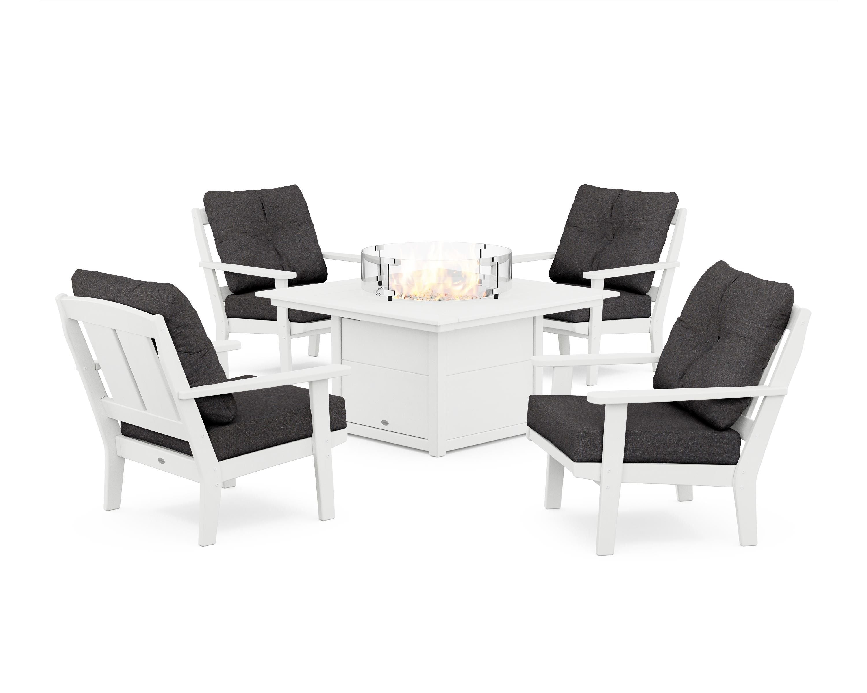POLYWOOD Mission 5-Piece Deep Seating Set with Fire Pit Table in White / Ash Charcoal