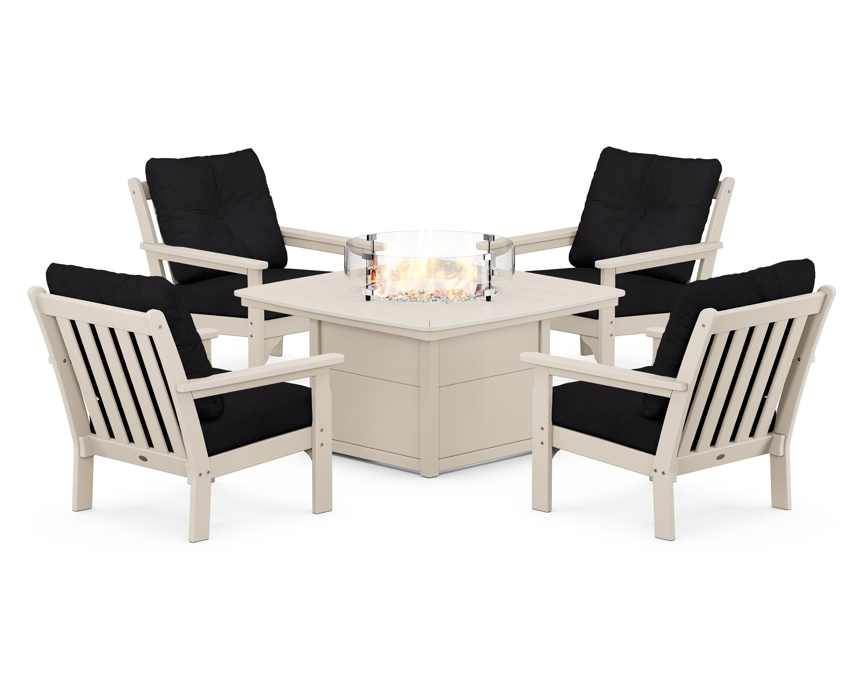 POLYWOOD Vineyard 5-Piece Conversation Set with Fire Pit Table in Sand / Midnight Linen