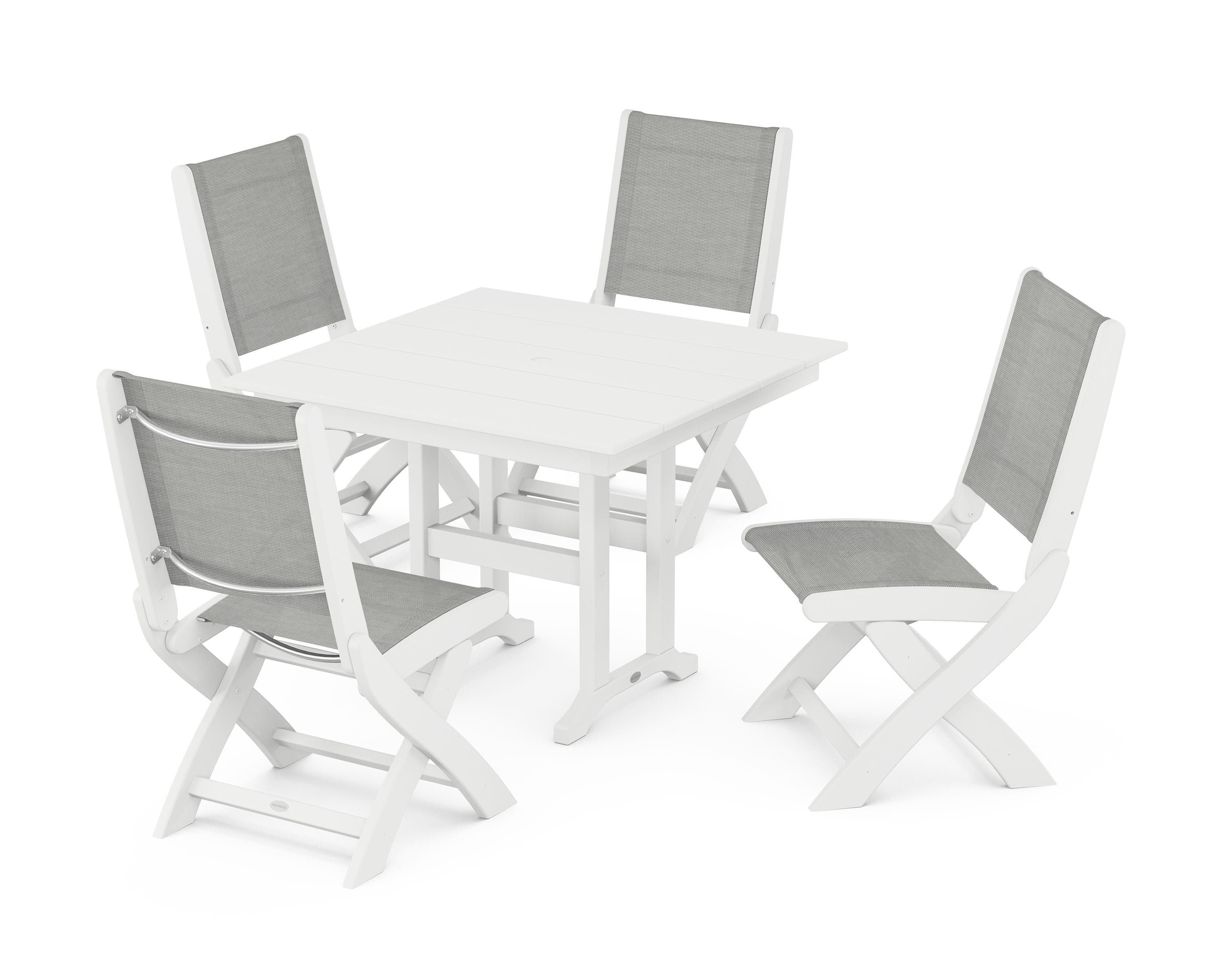 POLYWOOD Coastal Folding Side Chair 5-Piece Farmhouse Dining Set in White / Metallic Sling