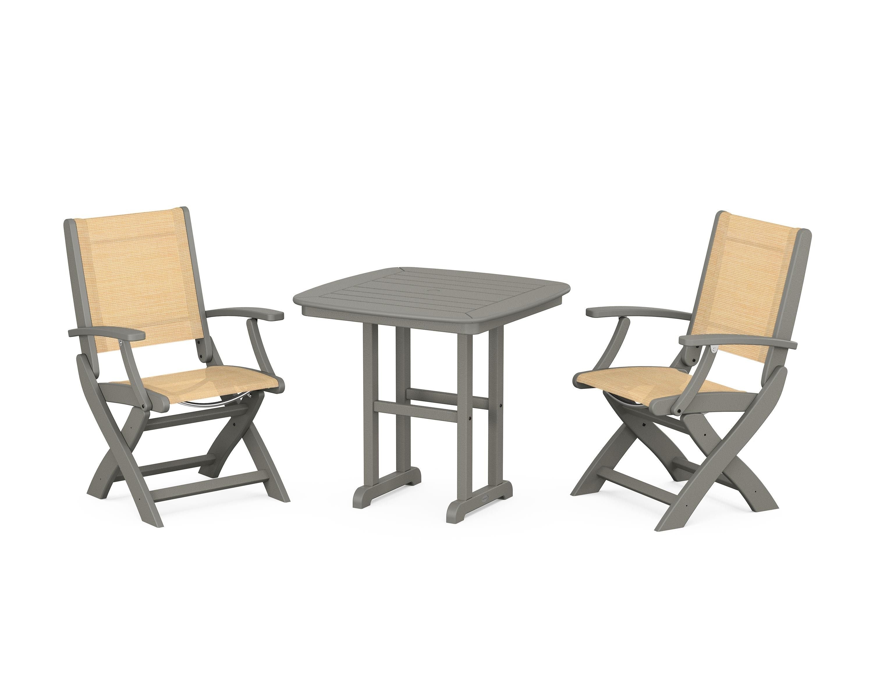 POLYWOOD Coastal Folding Chair 3-Piece Dining Set in Slate Grey / Dupioni Apricot Sling