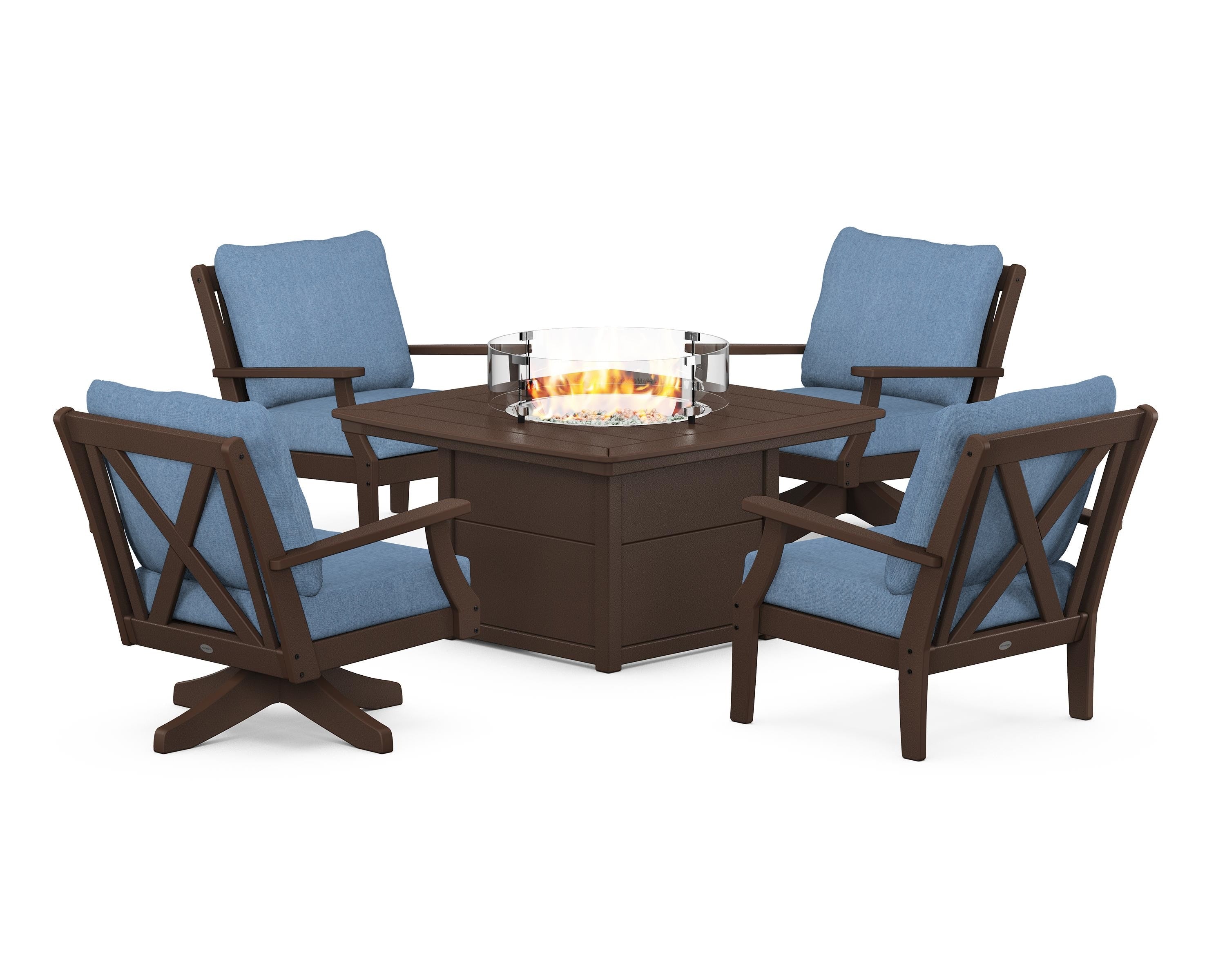 POLYWOOD Braxton 5-Piece Deep Seating Set with Fire Table in Mahogany / Sky Blue