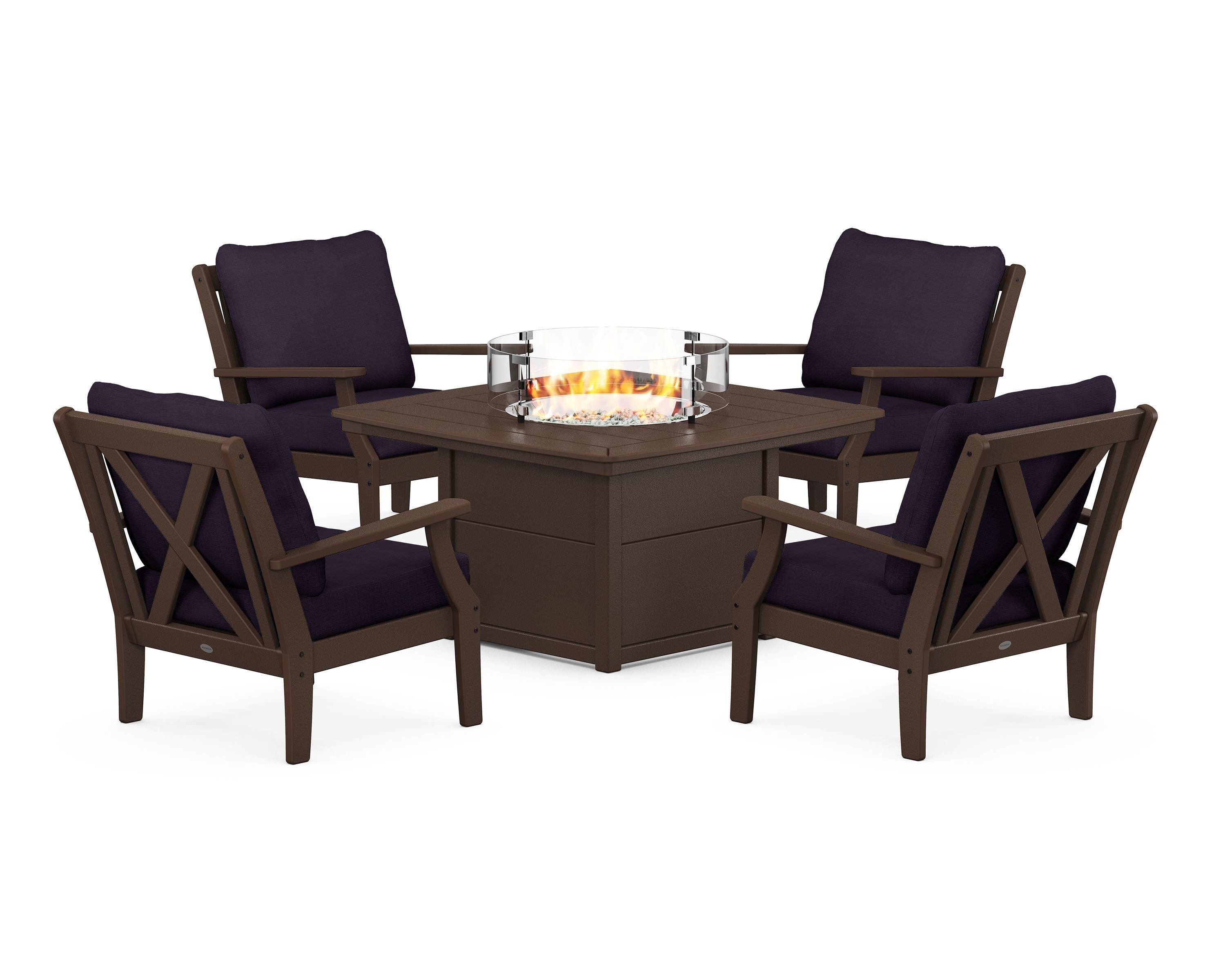 POLYWOOD Braxton 5-Piece Deep Seating Conversation Set with Fire Pit Table in Mahogany / Navy Linen