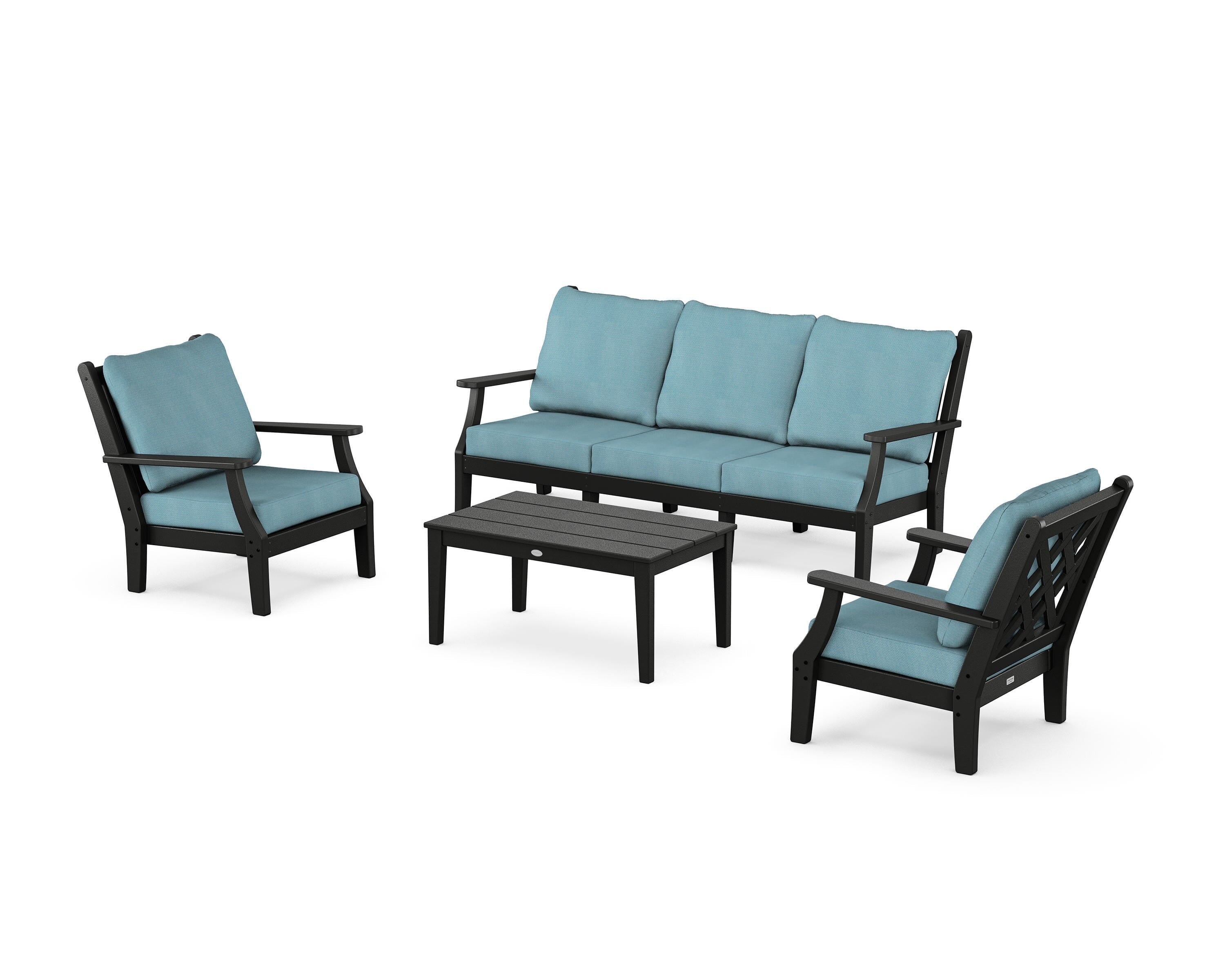 Country Living Wovendale 4-Piece Deep Seating Set with Sofa in Black / Lattice Sky Blue