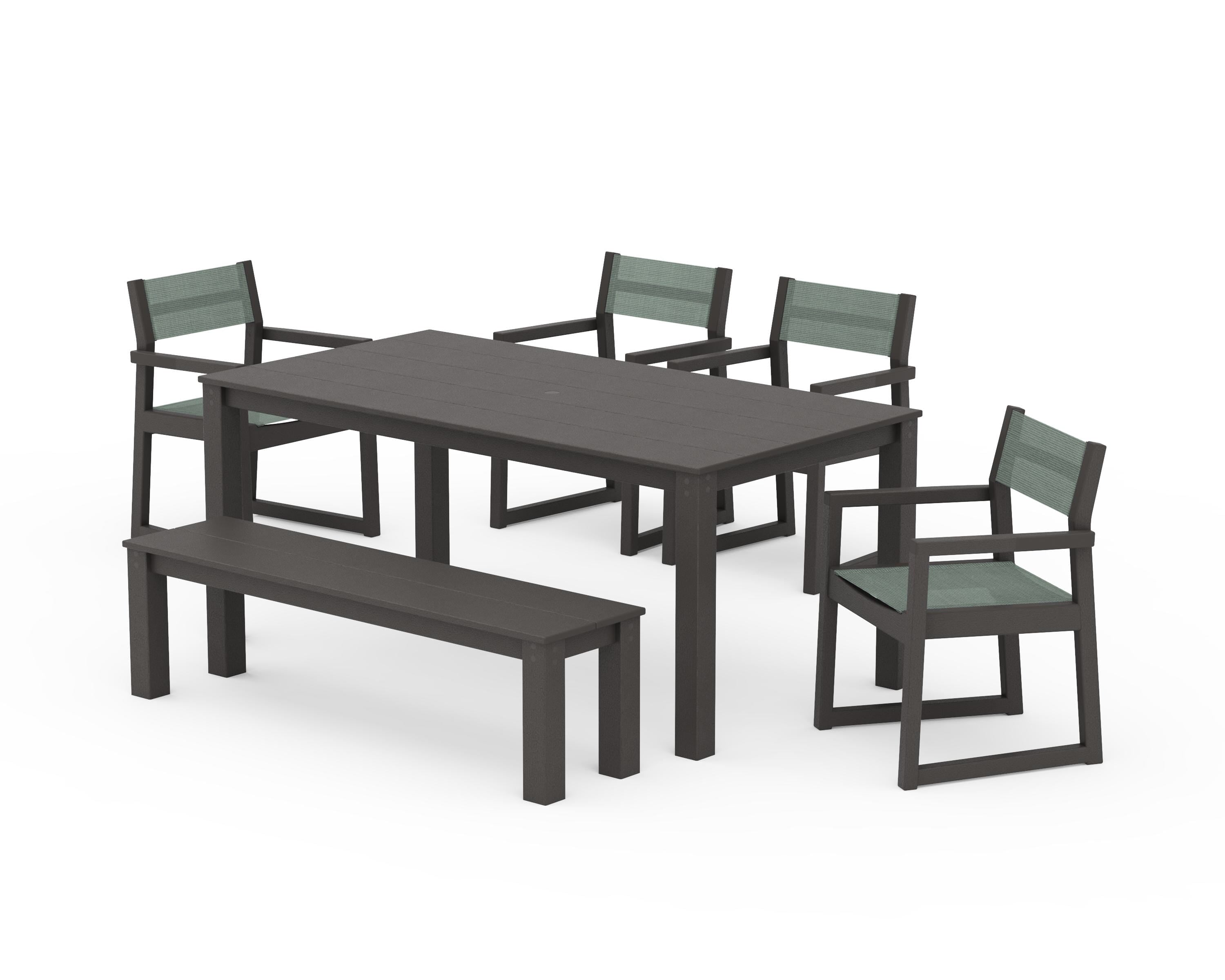 POLYWOOD EDGE Sling Arm Chair 6-Piece Parsons Dining Set with Bench in Vintage Coffee / Dupioni Sea Mist Sling