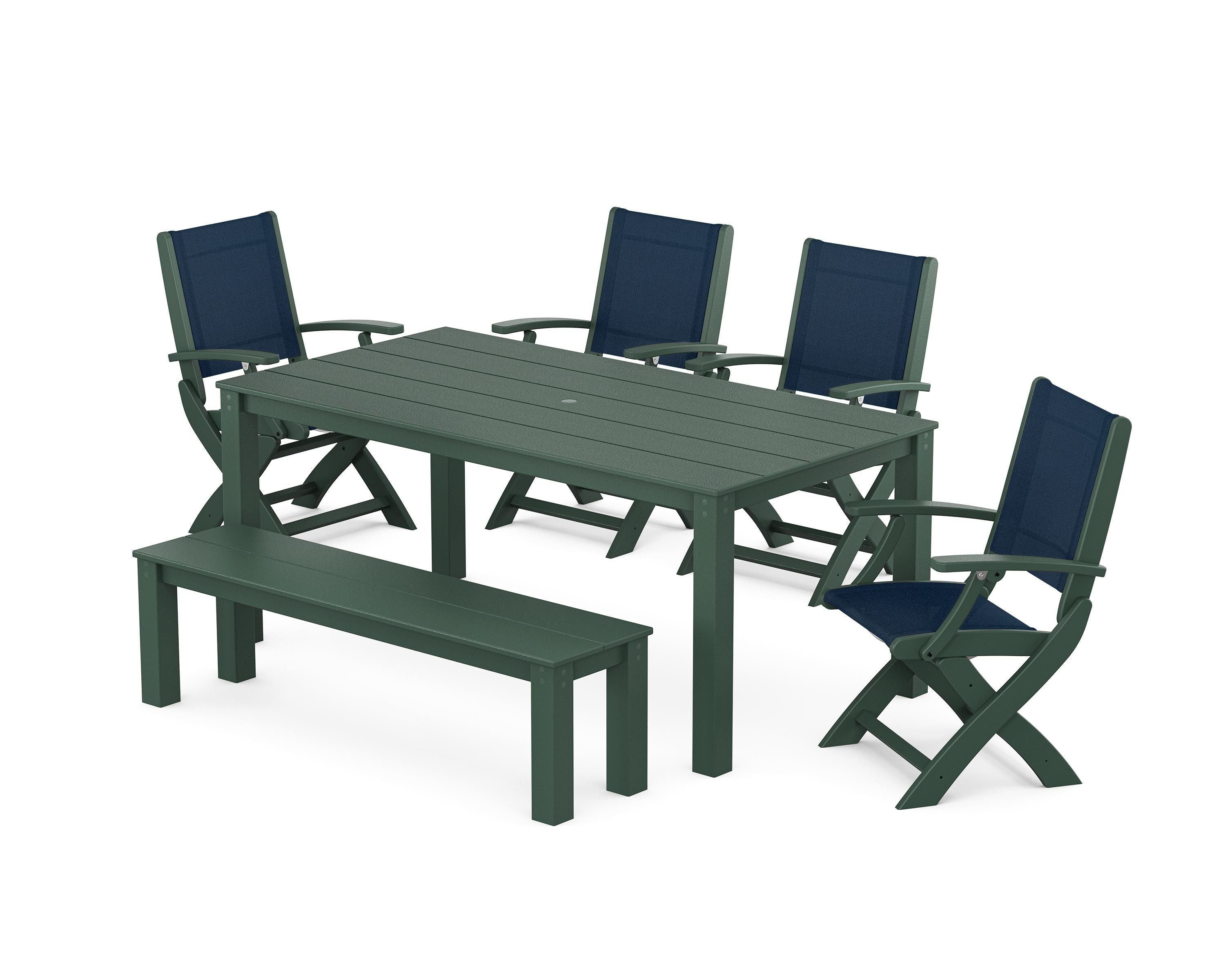 POLYWOOD Coastal Folding Chair 6-Piece Parsons Dining Set with Bench in Green / Navy Blue Sling