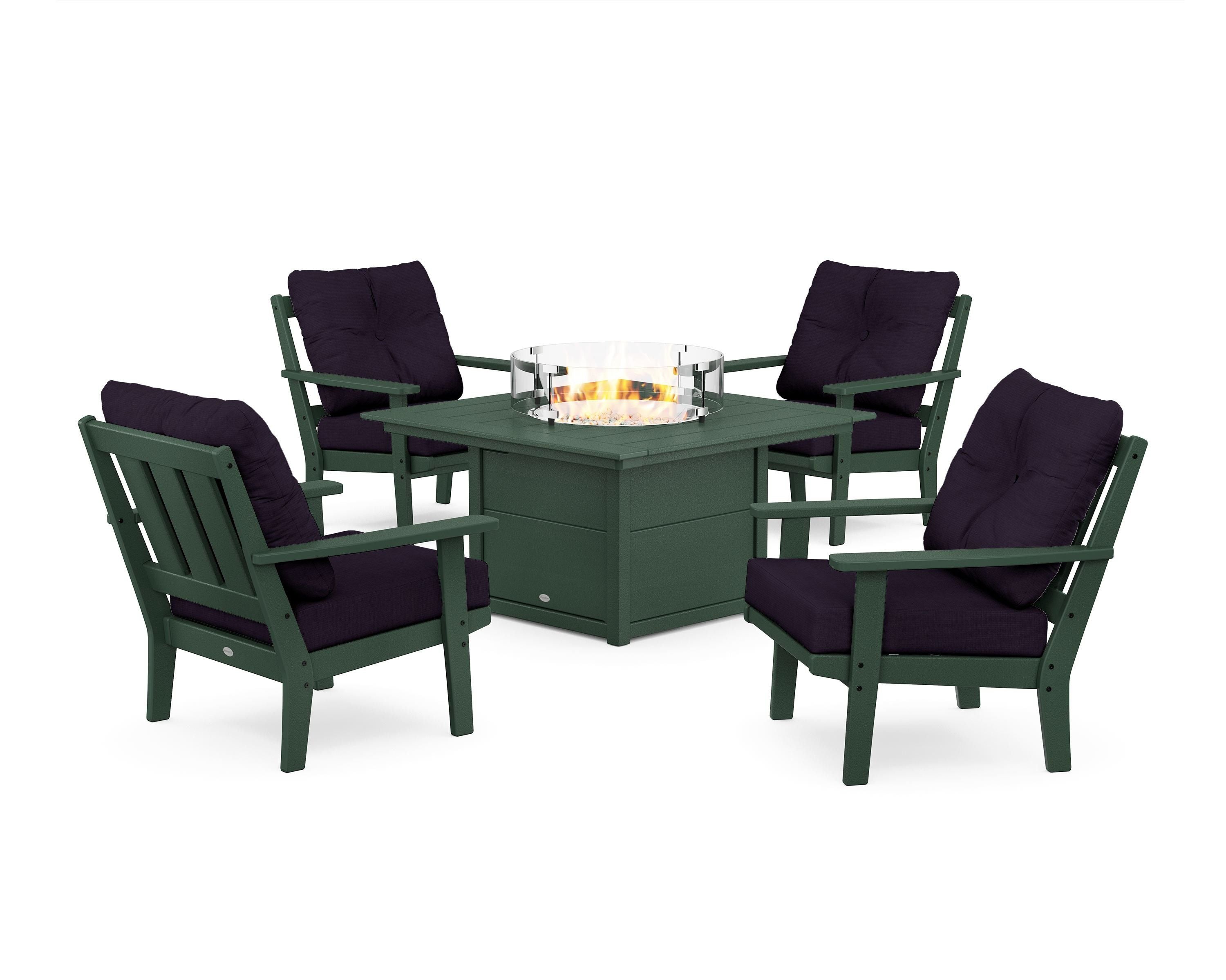 POLYWOOD Oxford 5-Piece Deep Seating Set with Fire Pit Table in Green / Navy Linen