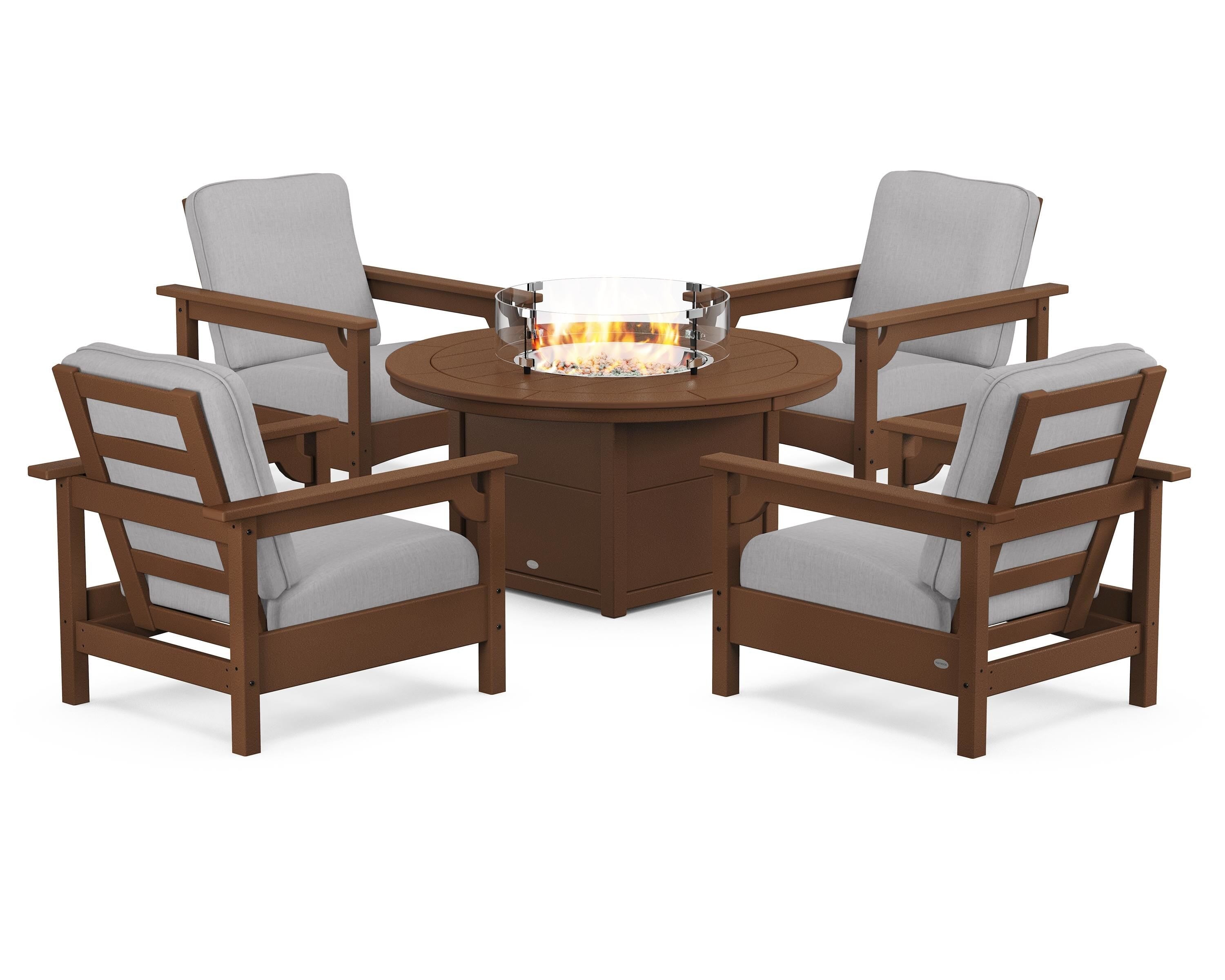 POLYWOOD Club 5-Piece Conversation Set with Fire Pit Table in Teak / Granite