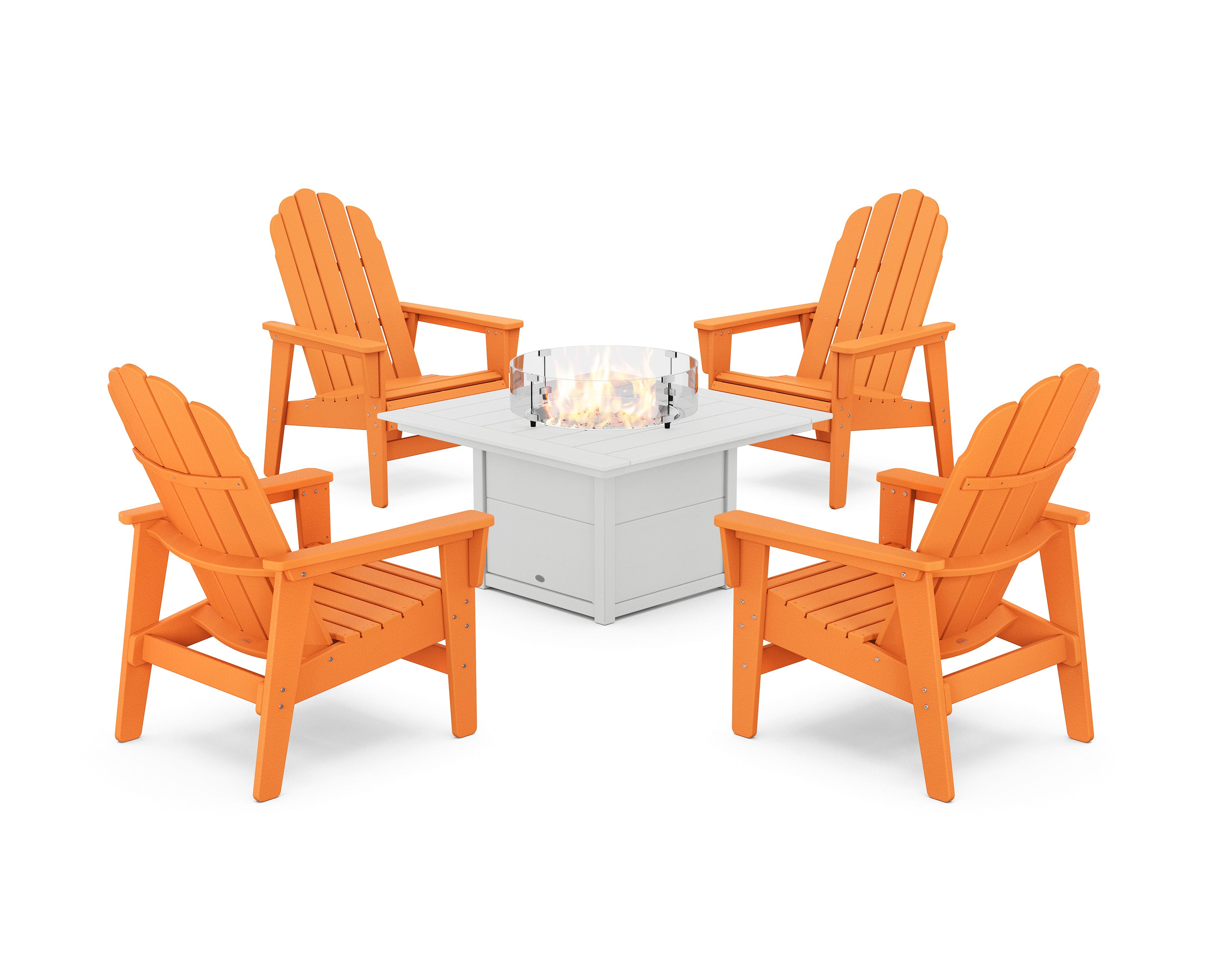 POLYWOOD® 5-Piece Vineyard Grand Upright Adirondack Conversation Set with Fire Pit Table in Tangerine / White