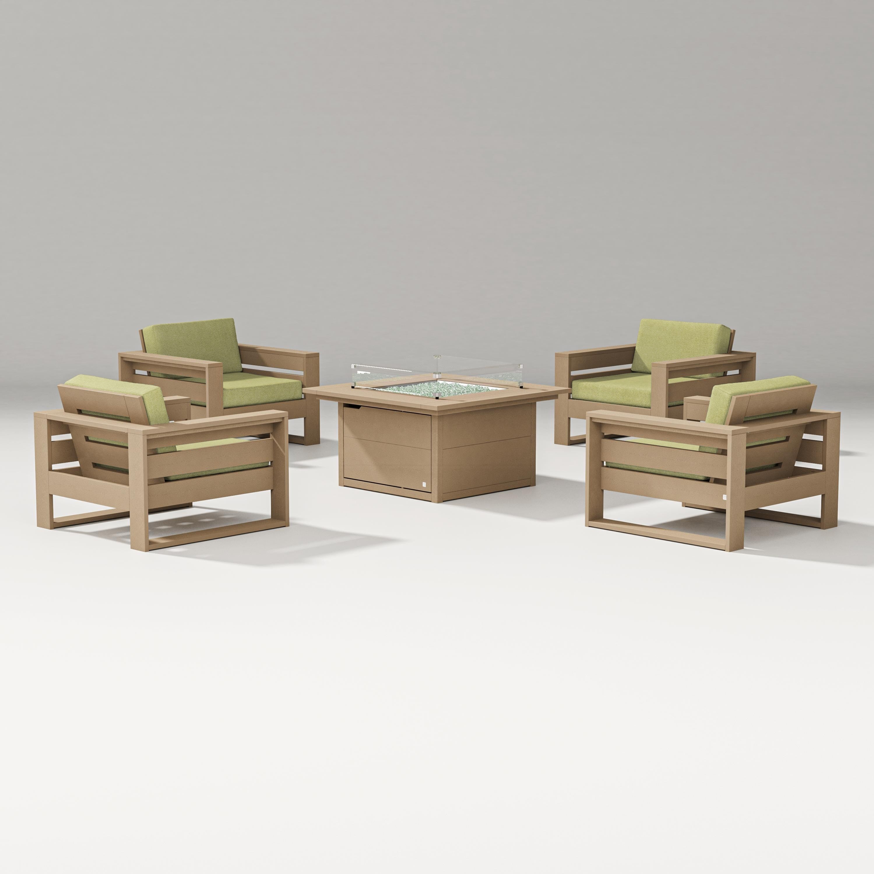 PW Designer Series Latitude 5-Piece Lounge Fire Table Set in Vintage Sahara / Chartreuse Boucle