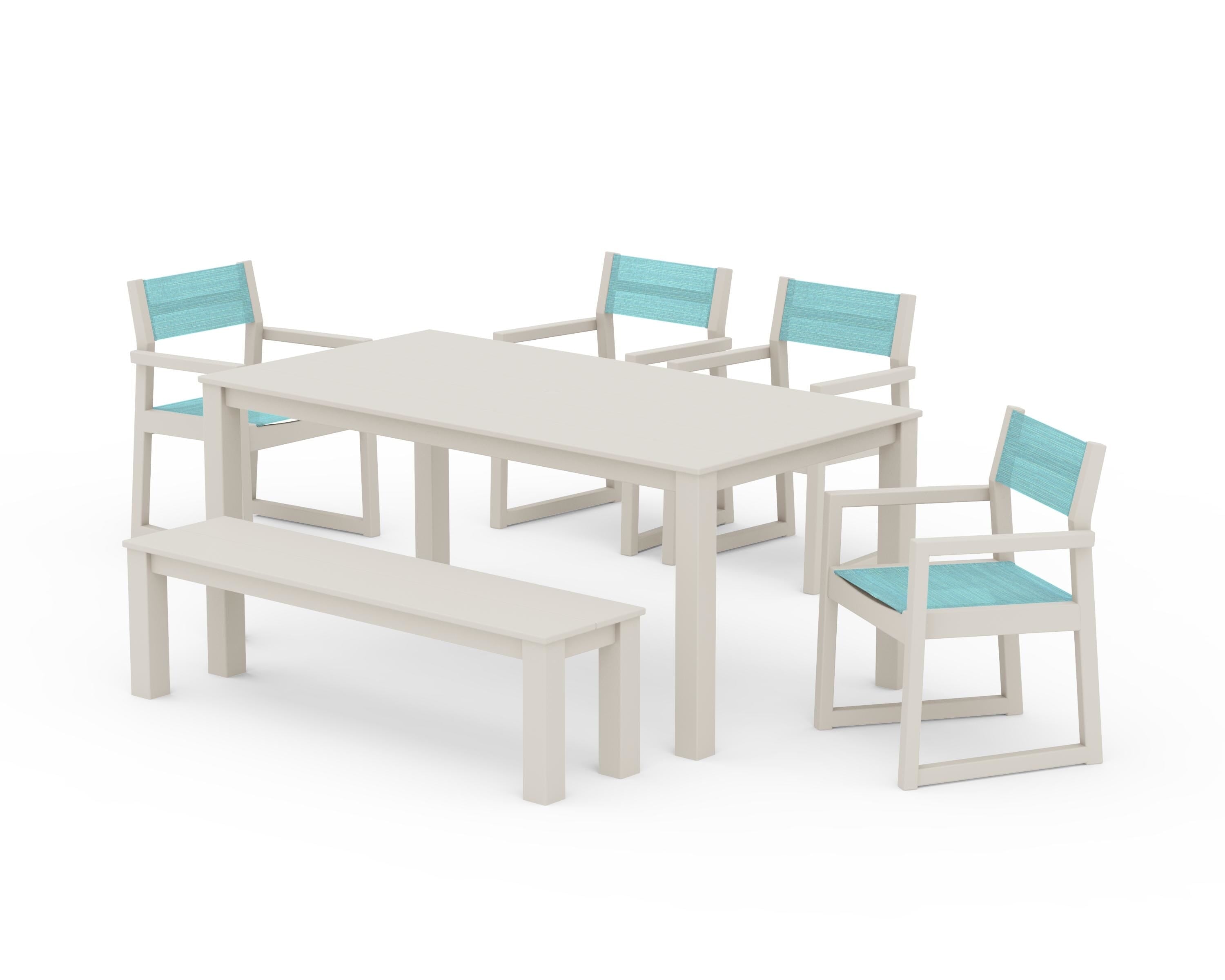 POLYWOOD EDGE Sling Arm Chair 6-Piece Parsons Dining Set with Bench in Sand / Dupioni Aquamarine Sling