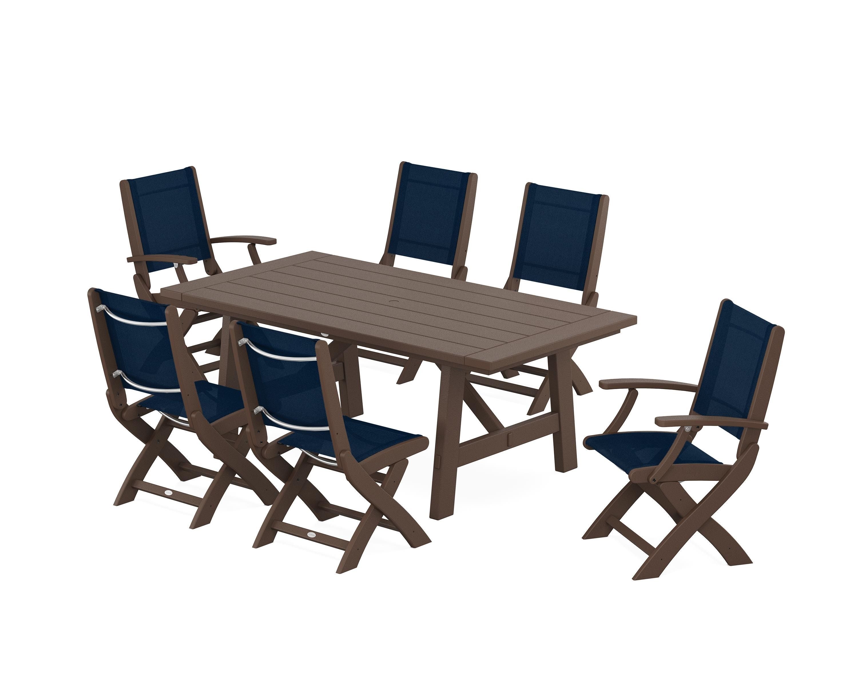 POLYWOOD Coastal Folding Chair 7-Piece Rustic Farmhouse Dining Set in Mahogany / Navy Blue Sling