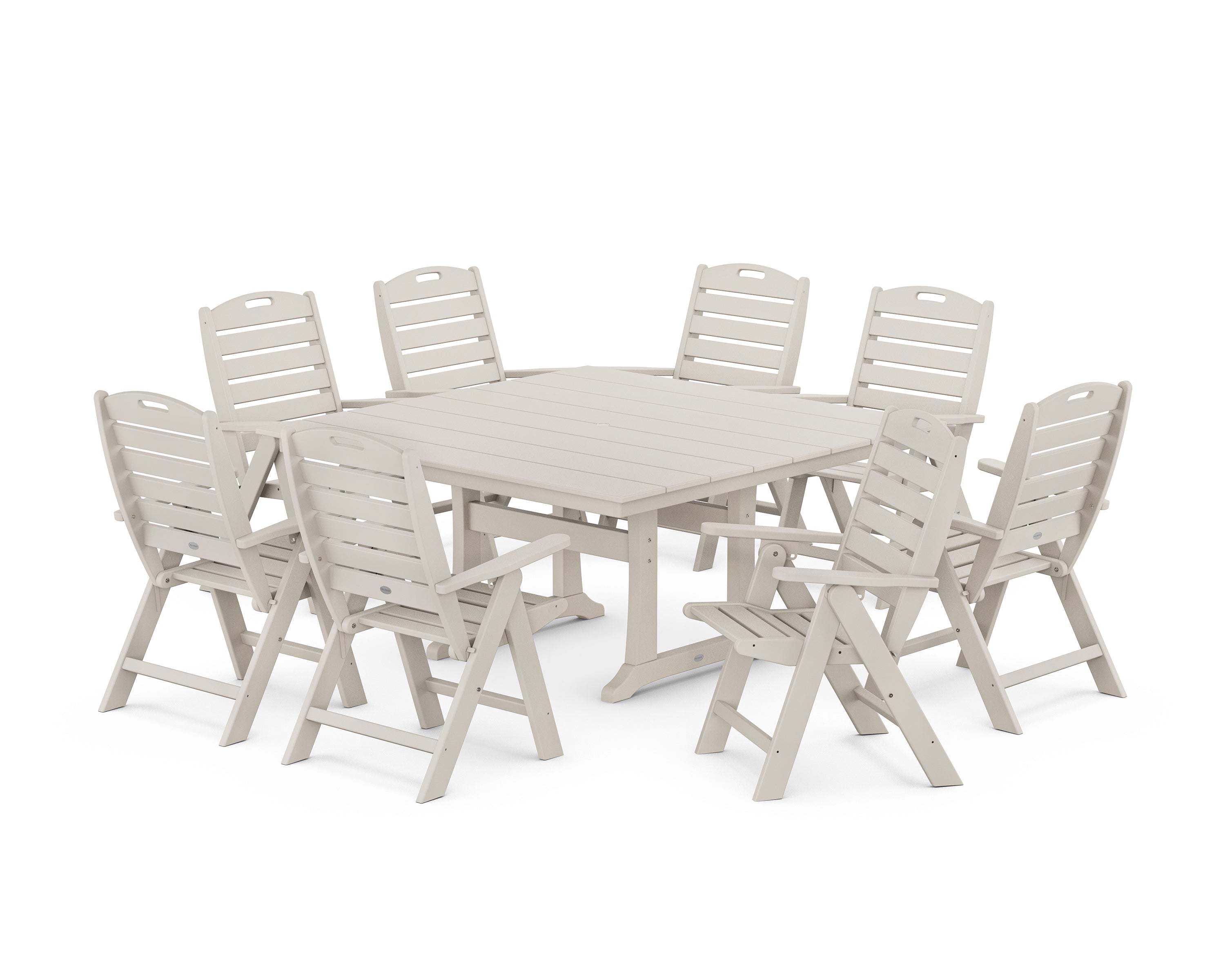 POLYWOOD Nautical Highback 9-Piece Square Farmhouse Dining Set with Trestle Legs in Sand