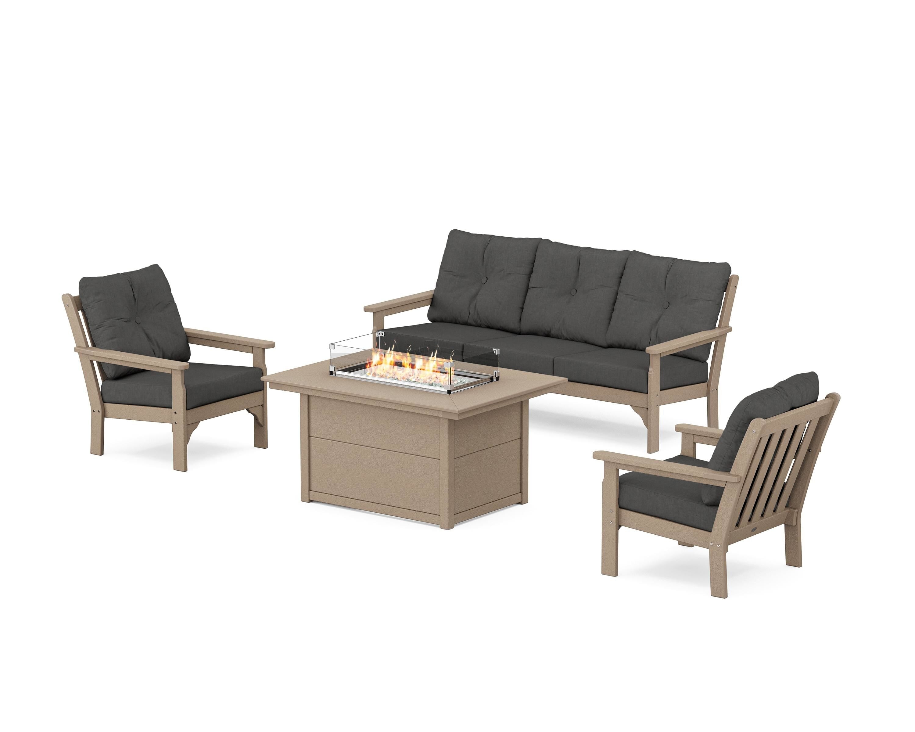POLYWOOD Vineyard Deep Seating Fire Pit Table Set in Vintage Sahara / Spectrum Carbon