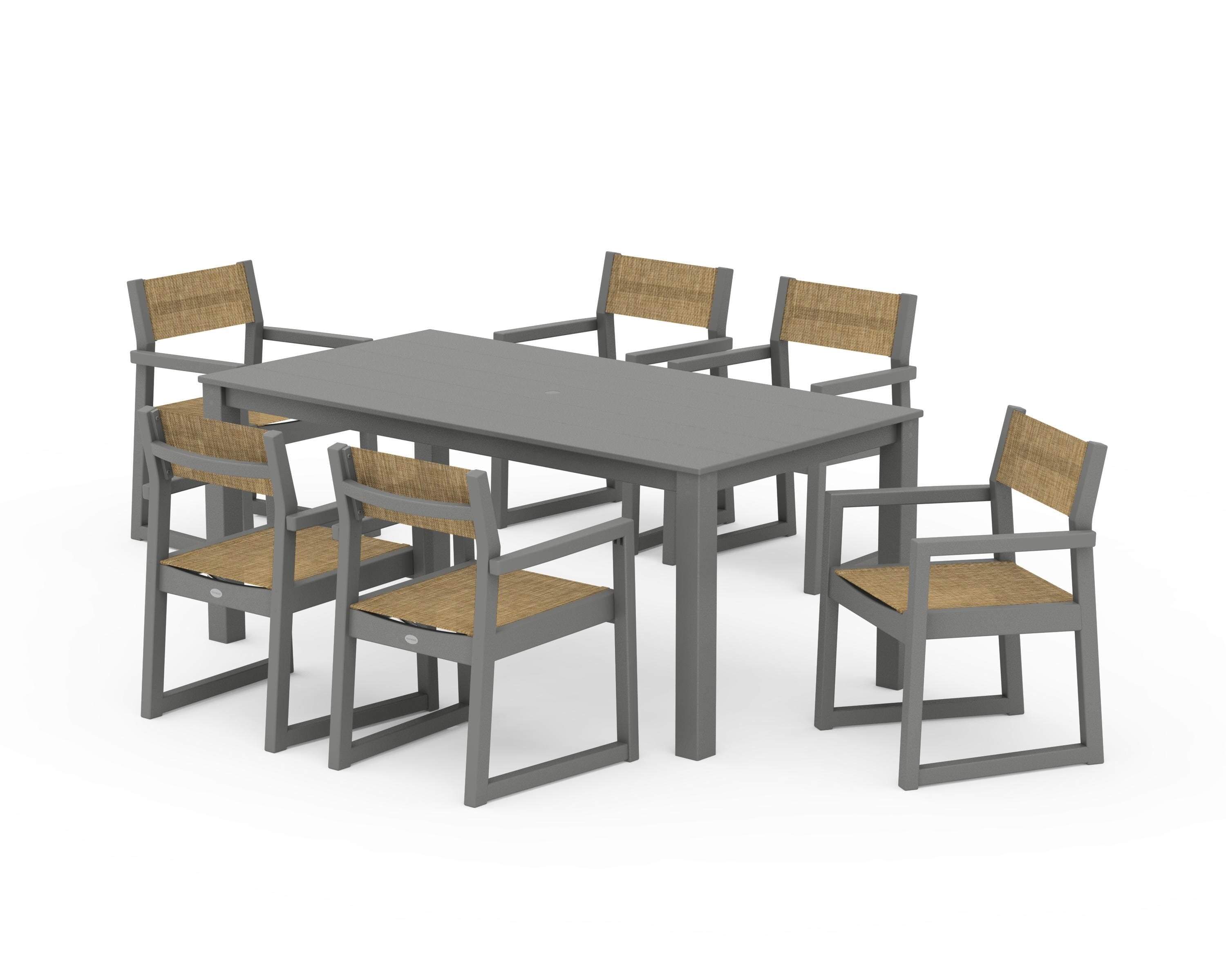 POLYWOOD EDGE Sling Arm Chair 7-Piece Parsons Dining Set in Slate Grey / Burlap Sling