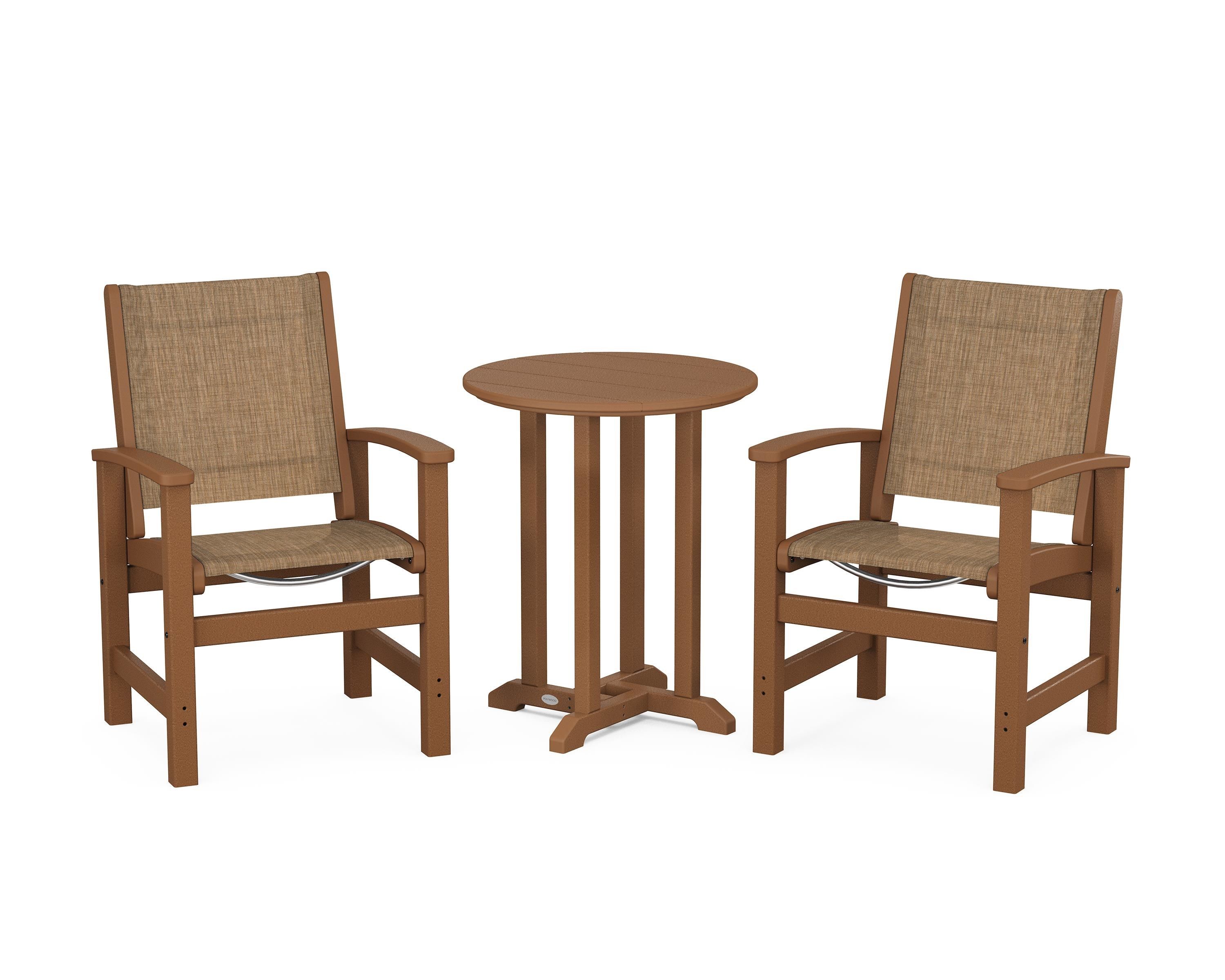 POLYWOOD Coastal 3-Piece Round Bistro Dining Set in Teak / Burlap Sling