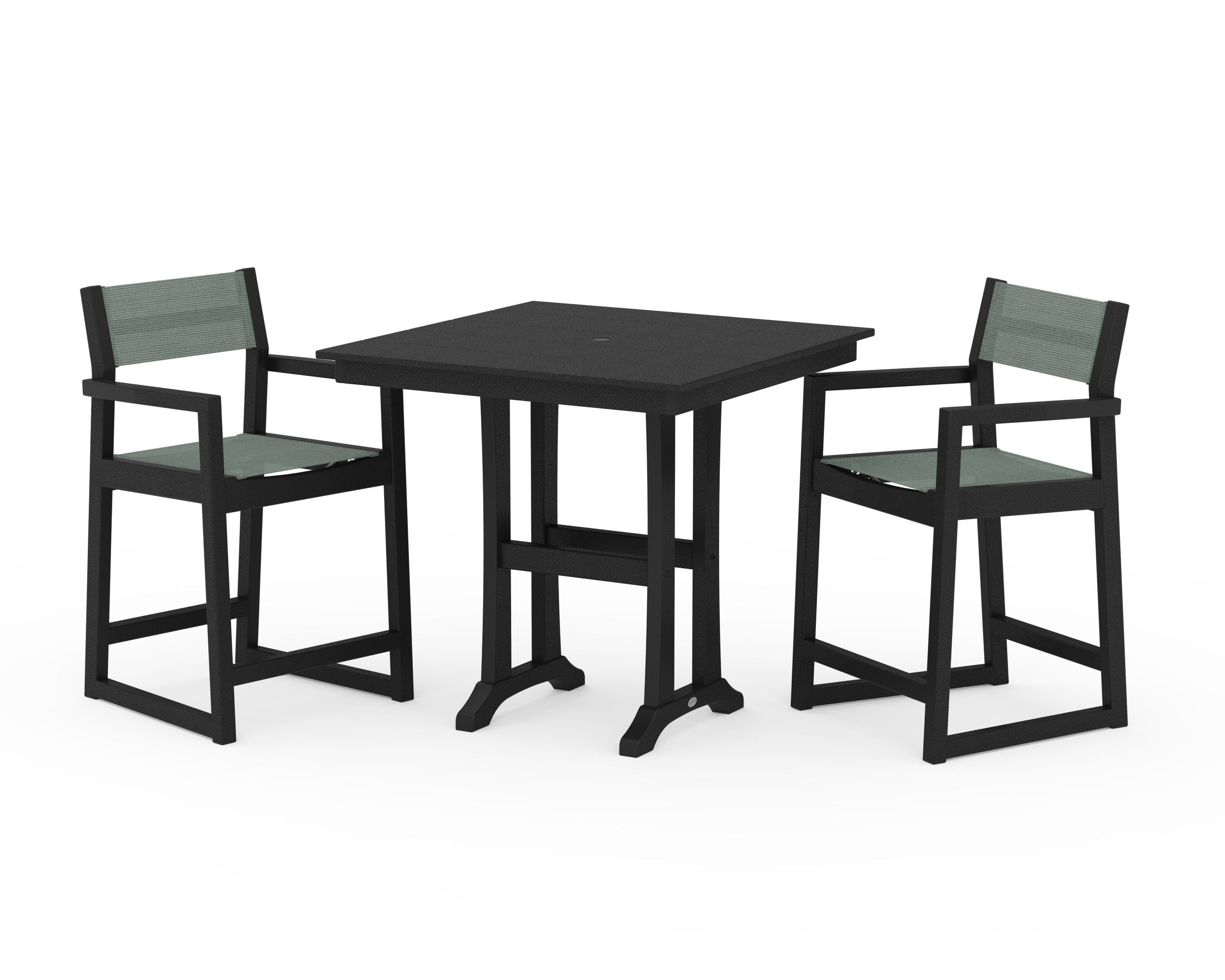 POLYWOOD EDGE Sling Arm Chair 3-Piece Farmhouse Counter Set with Trestle Legs in Black / Dupioni Sea Mist Sling
