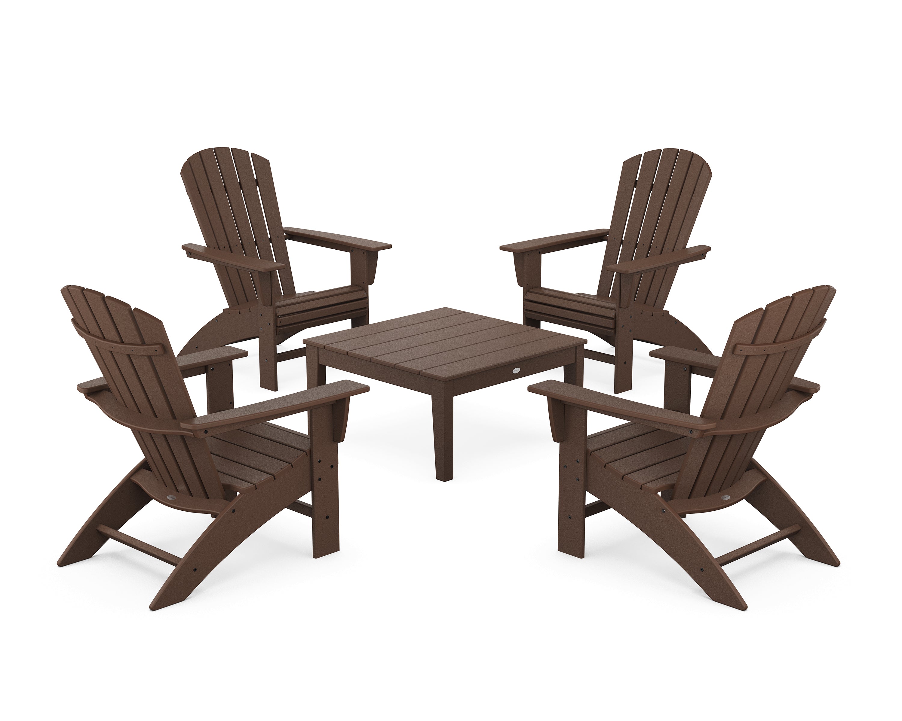 POLYWOOD® 5-Piece Nautical Curveback Adirondack Chair Conversation Set with 36" Conversation Table in Mahogany