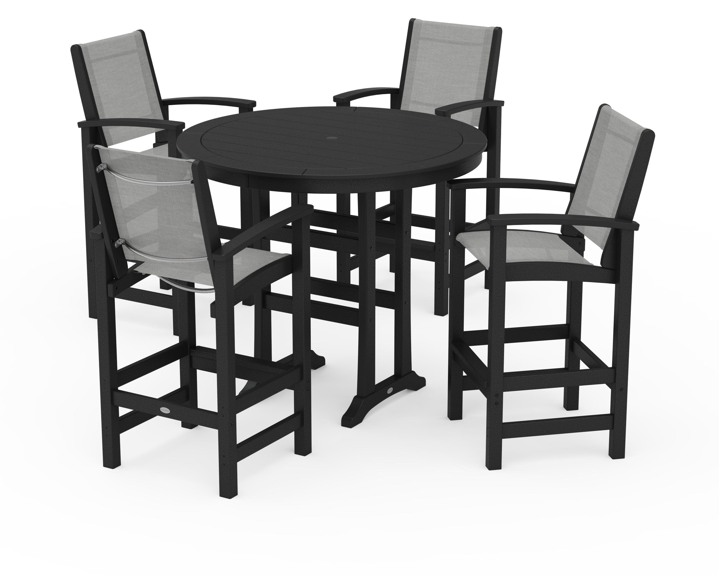 POLYWOOD Coastal 5-Piece Nautical Trestle Bar Set in Black / Metallic Sling
