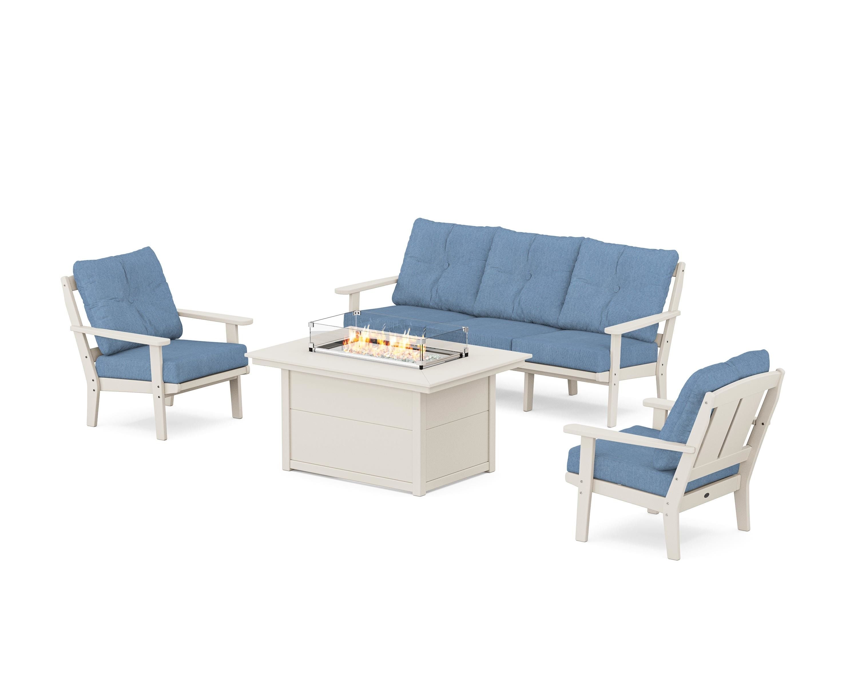 POLYWOOD Mission Deep Seating Fire Pit Table Set in Sand / Sky Blue