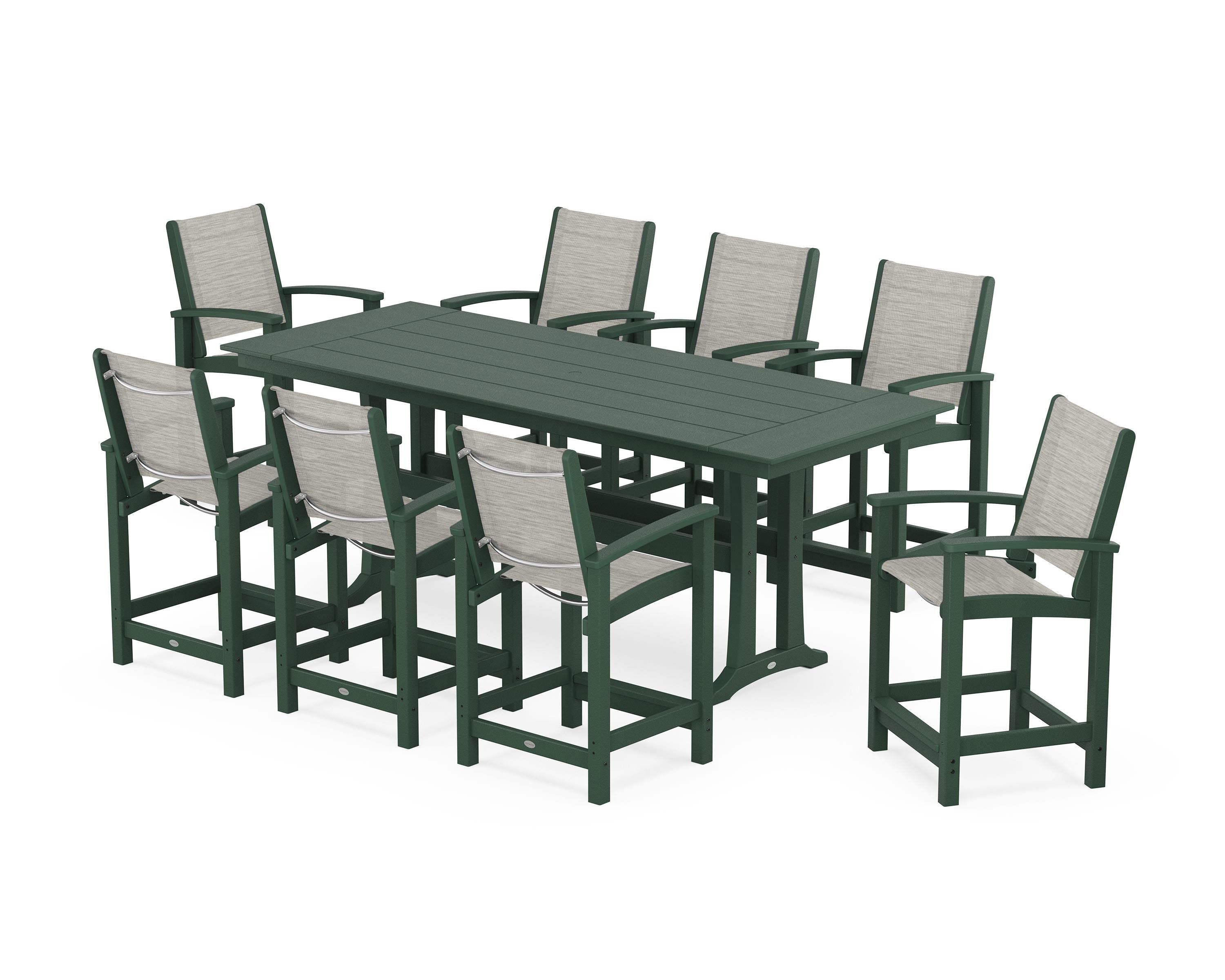 POLYWOOD Coastal 9-Piece Farmhouse Counter Set with Trestle Legs in Green / Birch Sling