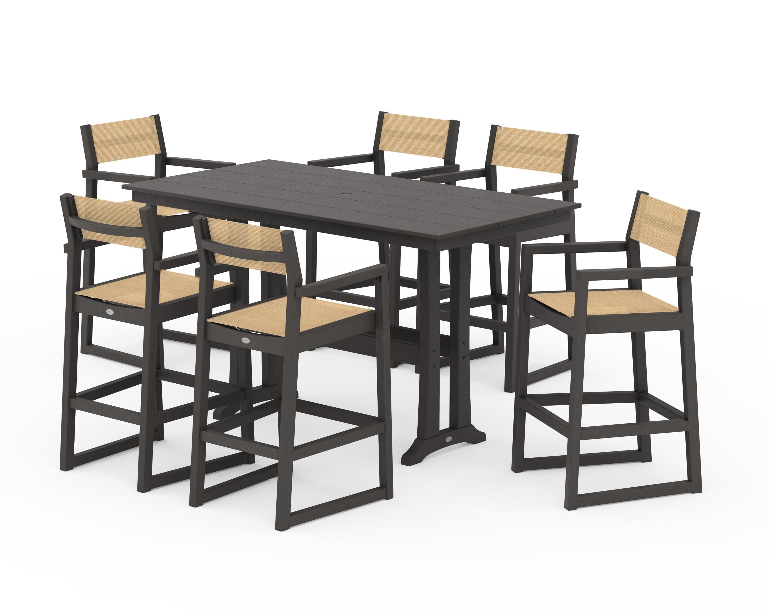 POLYWOOD EDGE Sling Arm Chair 7-Piece Farmhouse Bar Set with Trestle Legs in Vintage Coffee / Dupioni Apricot Sling