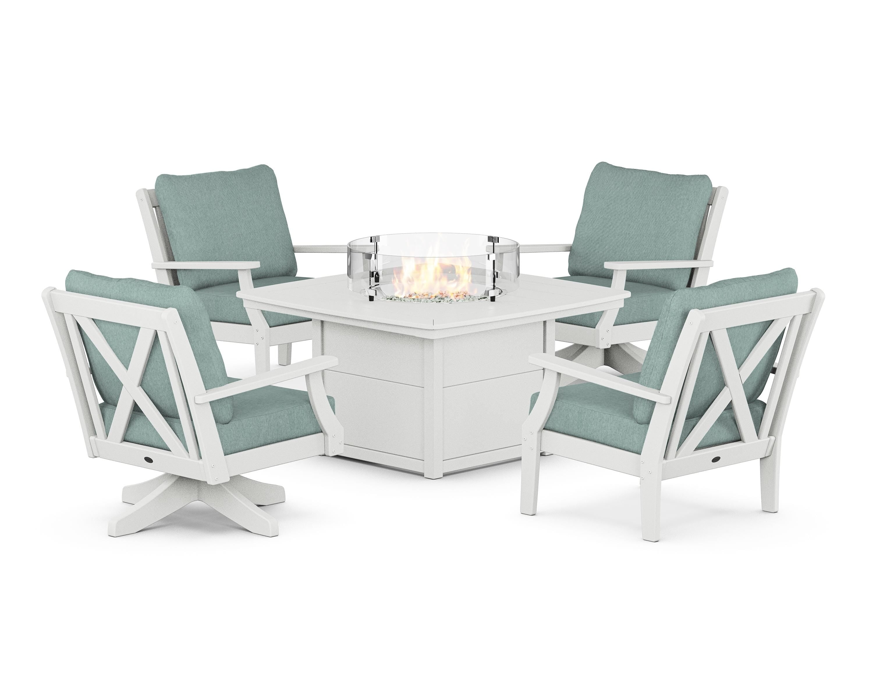 POLYWOOD Braxton 5-Piece Deep Seating Set with Fire Table in White / Glacier Spa