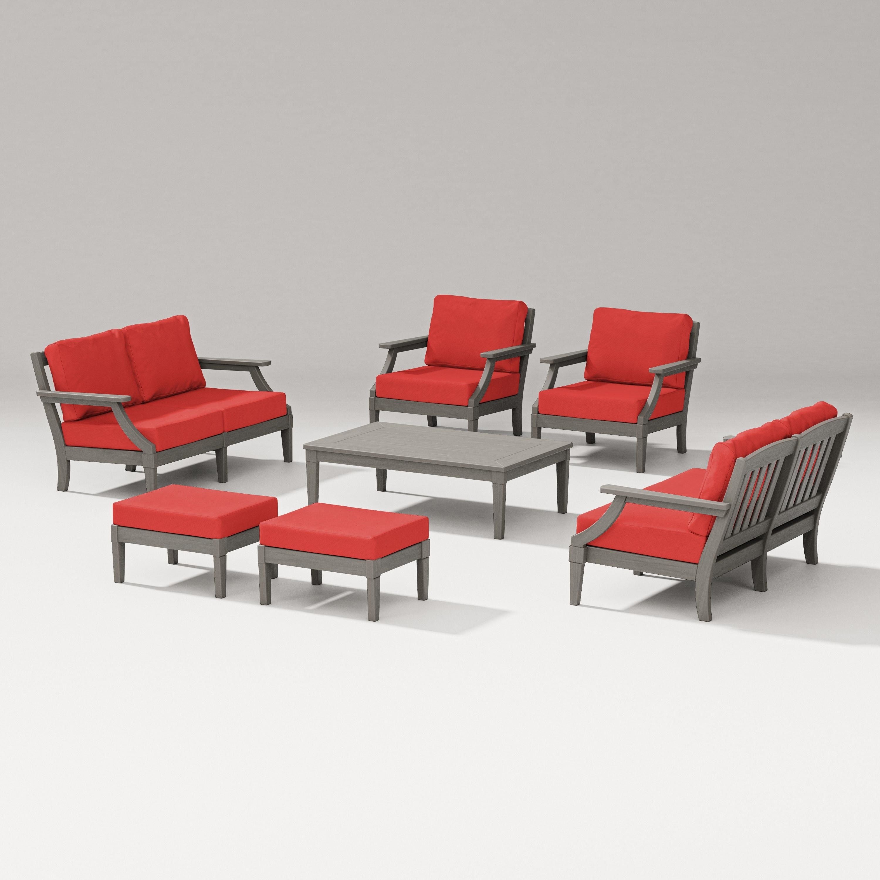 PW Designer Series Estate 7-Piece Lounge Loveseat Set in Driftwood / Crimson Linen