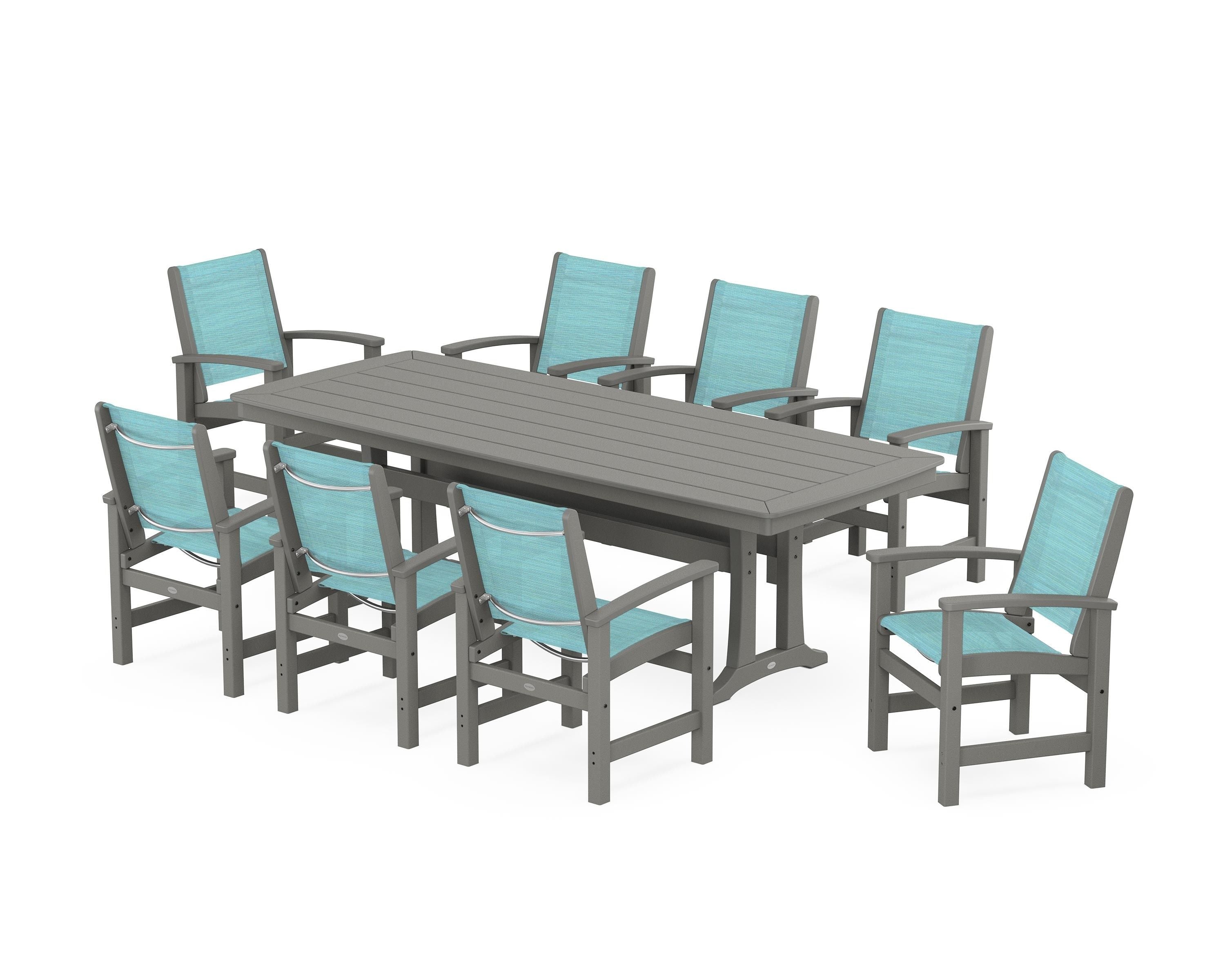 POLYWOOD Coastal 9-Piece Dining Set with Trestle Legs in Slate Grey / Dupioni Aquamarine Sling