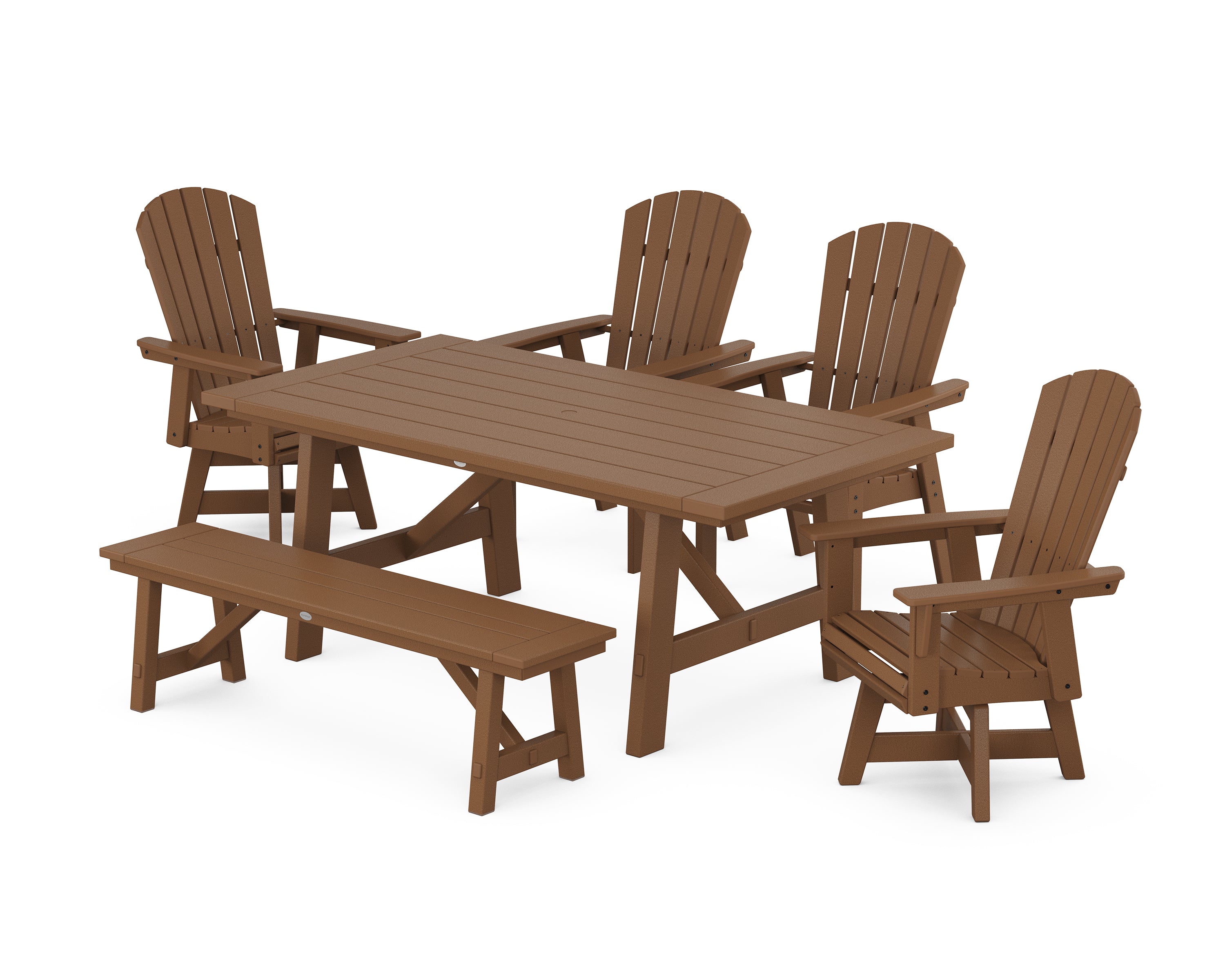 POLYWOOD® Nautical Adirondack Swivel 6-Piece Rustic Farmhouse Dining Set With Trestle Legs in Teak