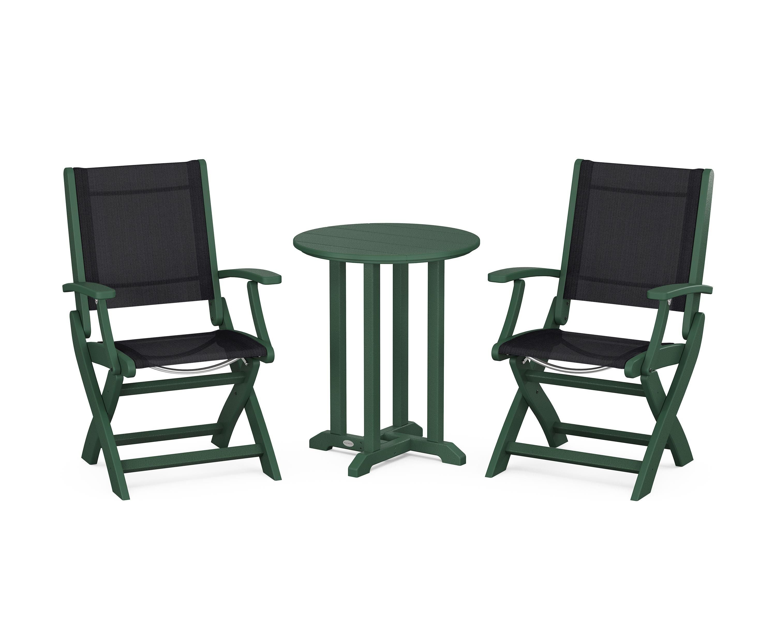 POLYWOOD Coastal Folding 3-Piece Round Bistro Dining Set in Green / Black Sling