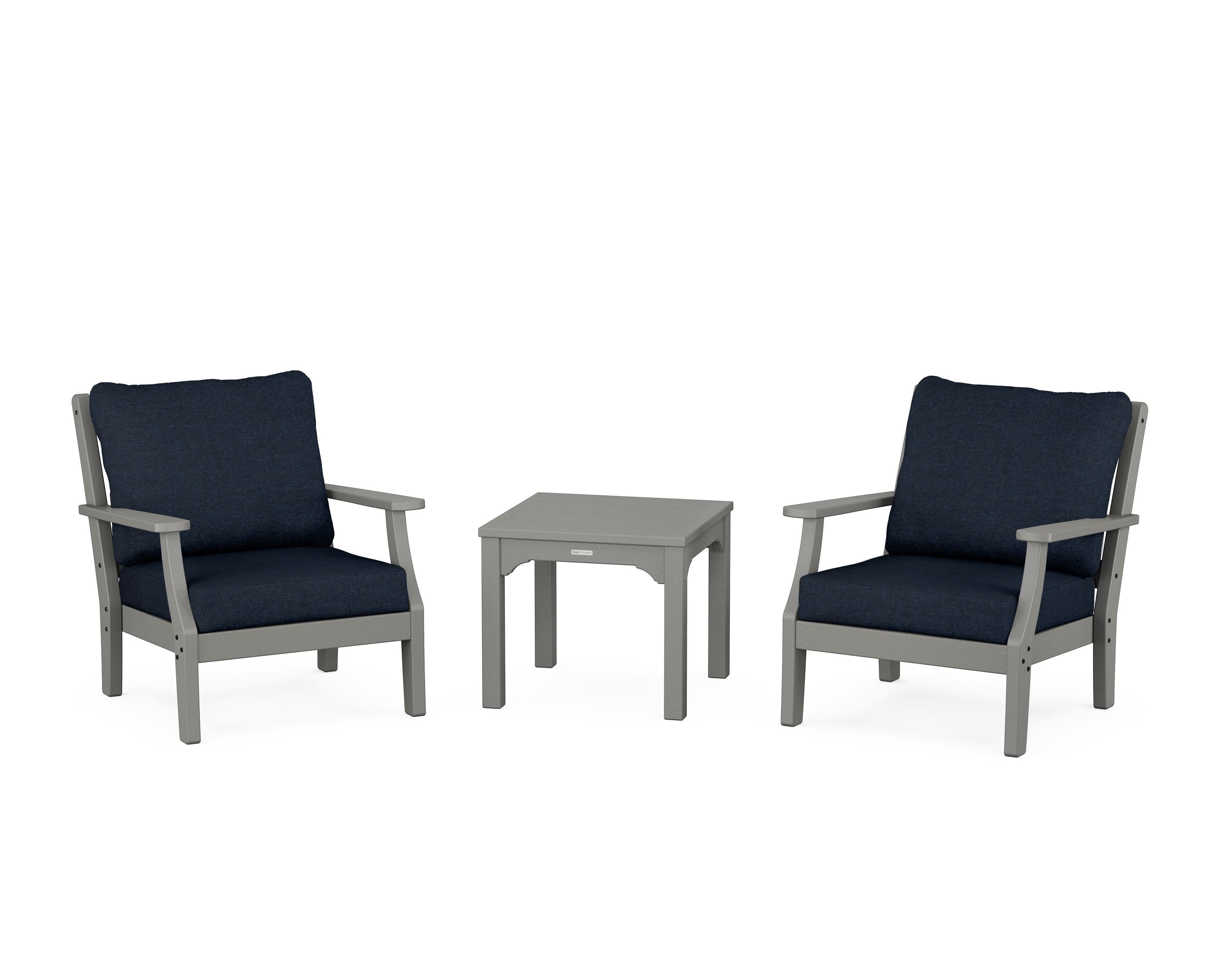 Martha Stewart by POLYWOOD Chinoiserie 3-Piece Deep Seating Set in Slate Grey / Marine Indigo