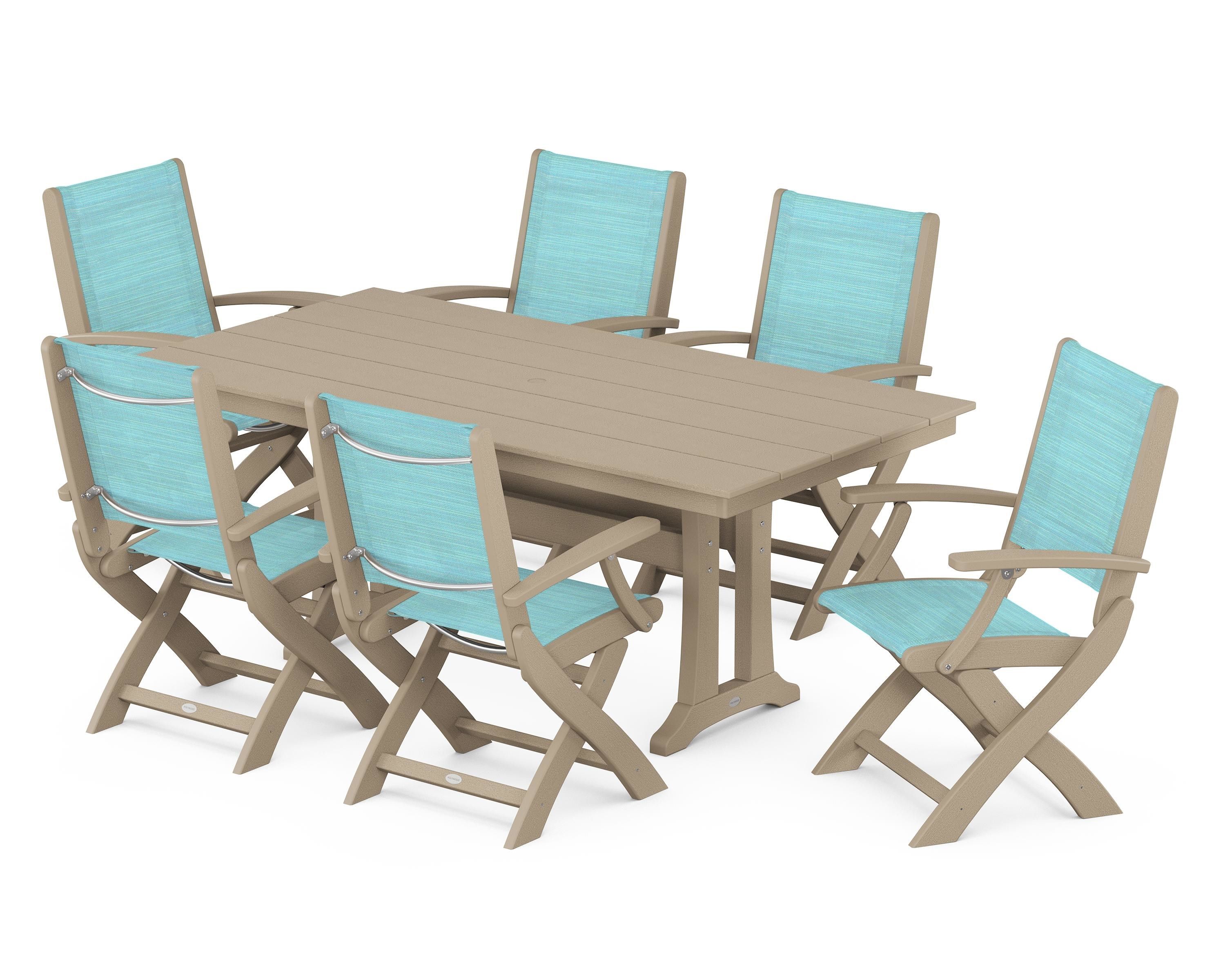 POLYWOOD Coastal Folding Arm Chair 7-Piece Farmhouse Dining Set with Trestle Legs in Vintage Sahara / Dupioni Aquamarine Sling