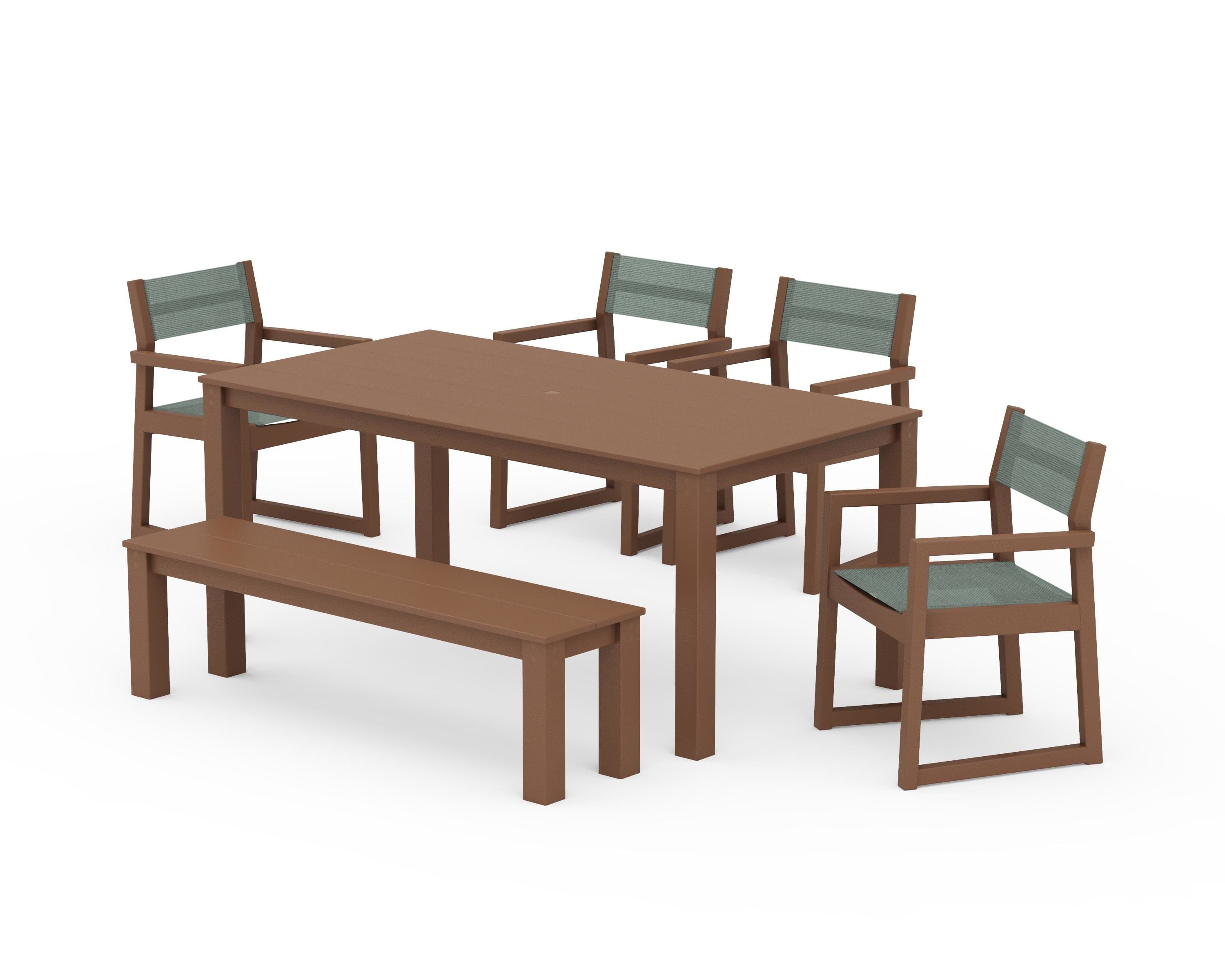 POLYWOOD EDGE Sling Arm Chair 6-Piece Parsons Dining Set with Bench in Teak / Dupioni Sea Mist Sling