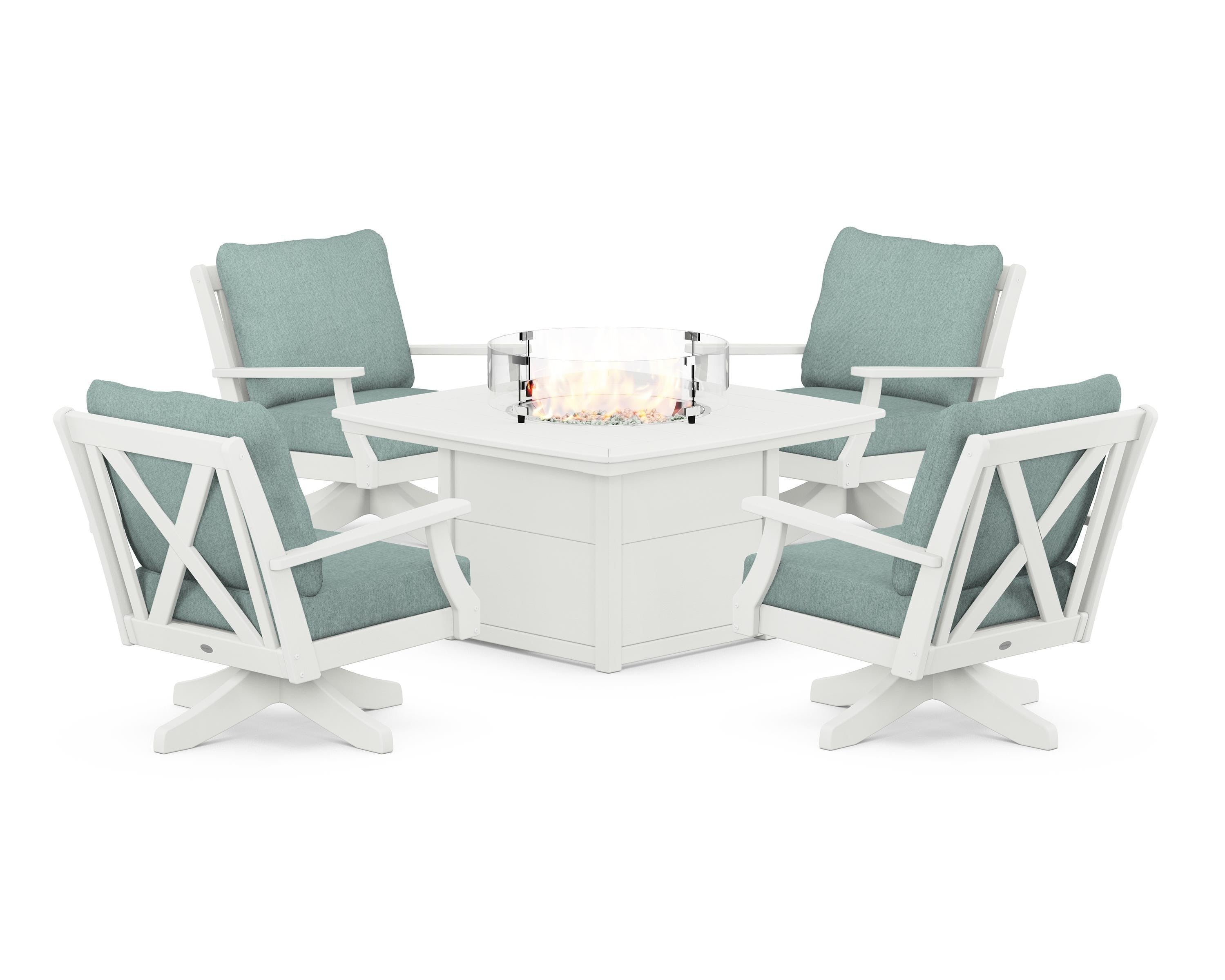 POLYWOOD Braxton 5-Piece Deep Seating Swivel Conversation Set with Fire Pit Table in Vintage White / Glacier Spa