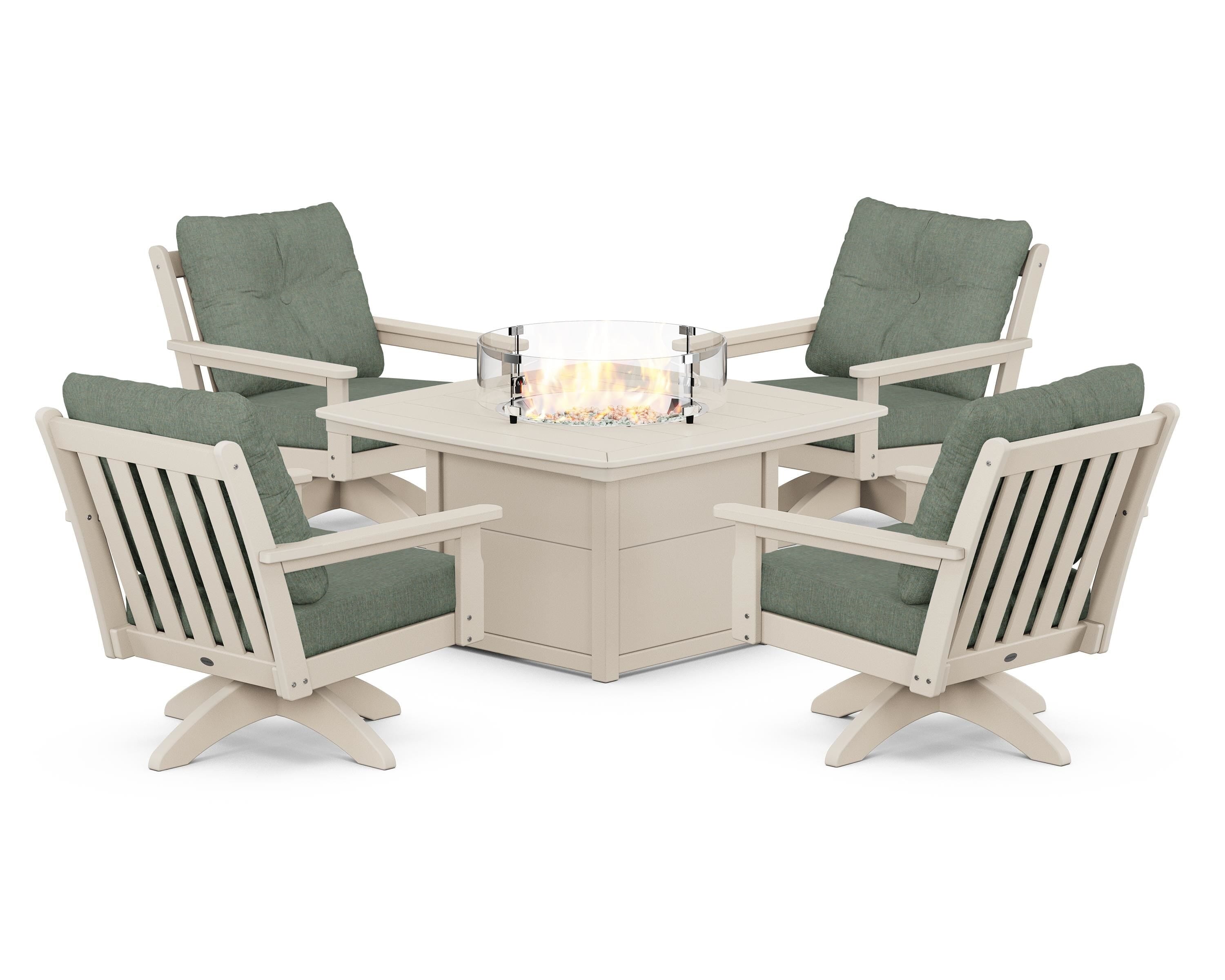 POLYWOOD Vineyard 5-Piece Deep Seating Swivel Conversation Set with Fire Pit Table in Sand / Cast Sage