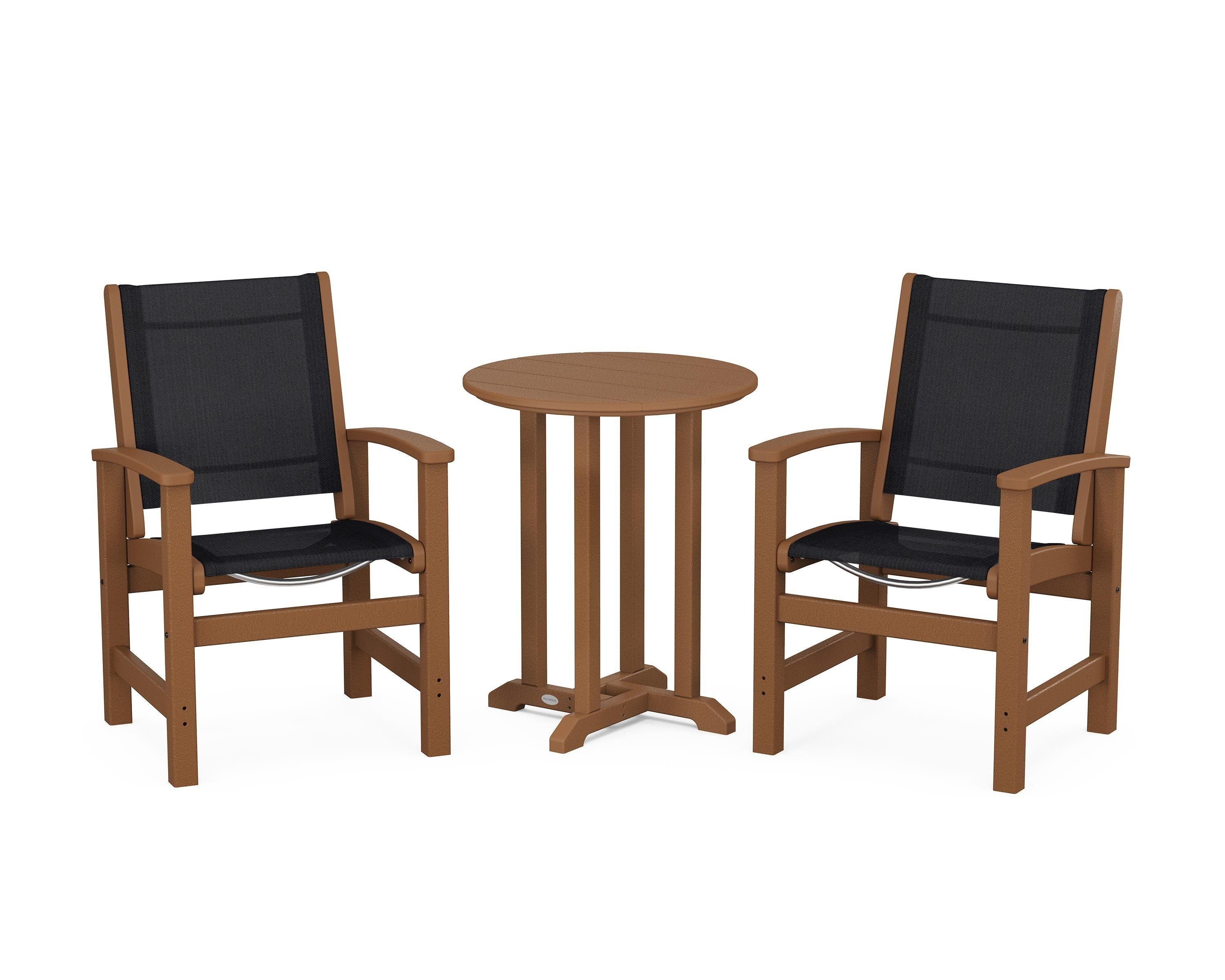 POLYWOOD Coastal 3-Piece Round Bistro Dining Set in Teak / Black Sling