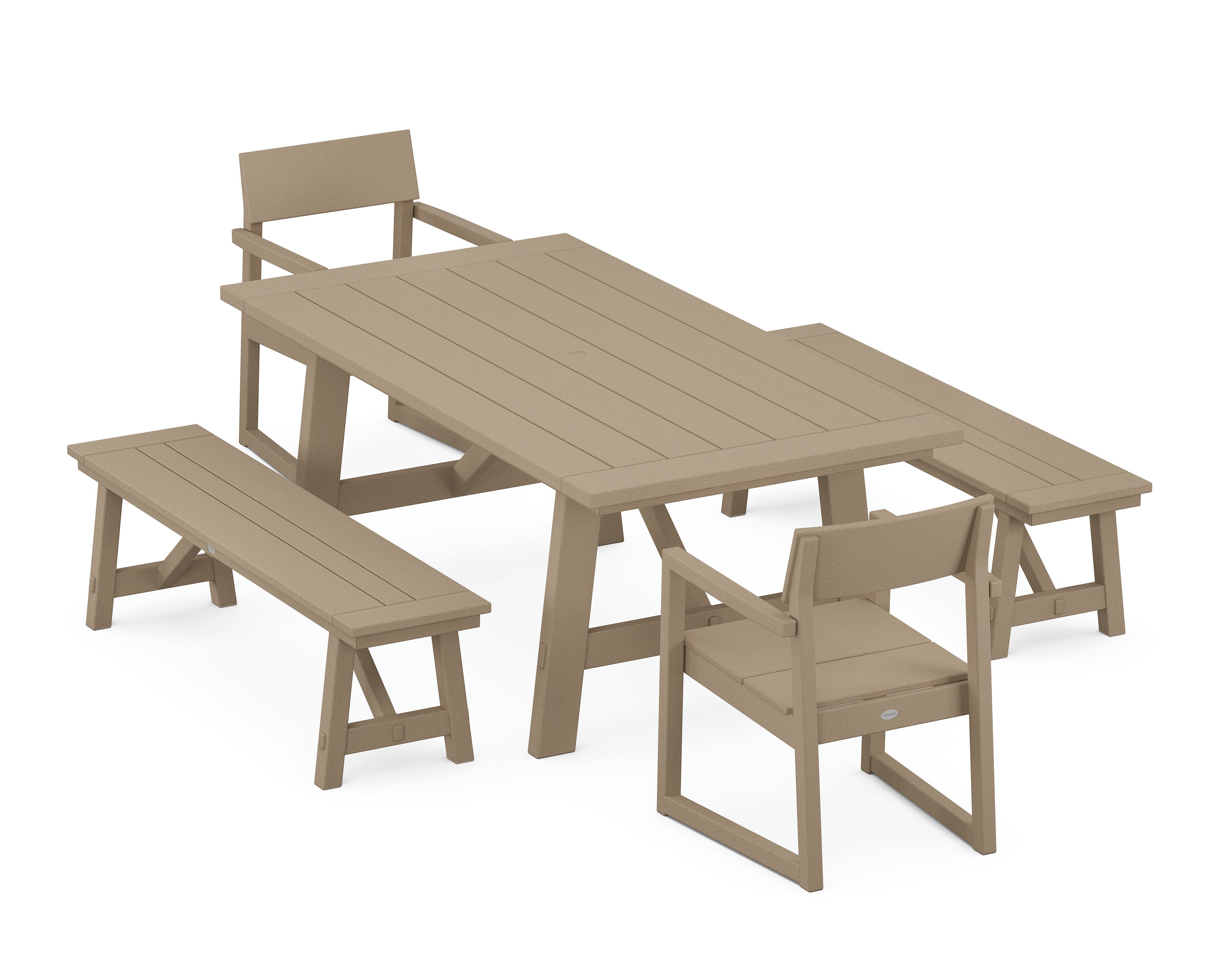 POLYWOOD® EDGE 5-Piece Rustic Farmhouse Dining Set With Benches in Vintage Sahara