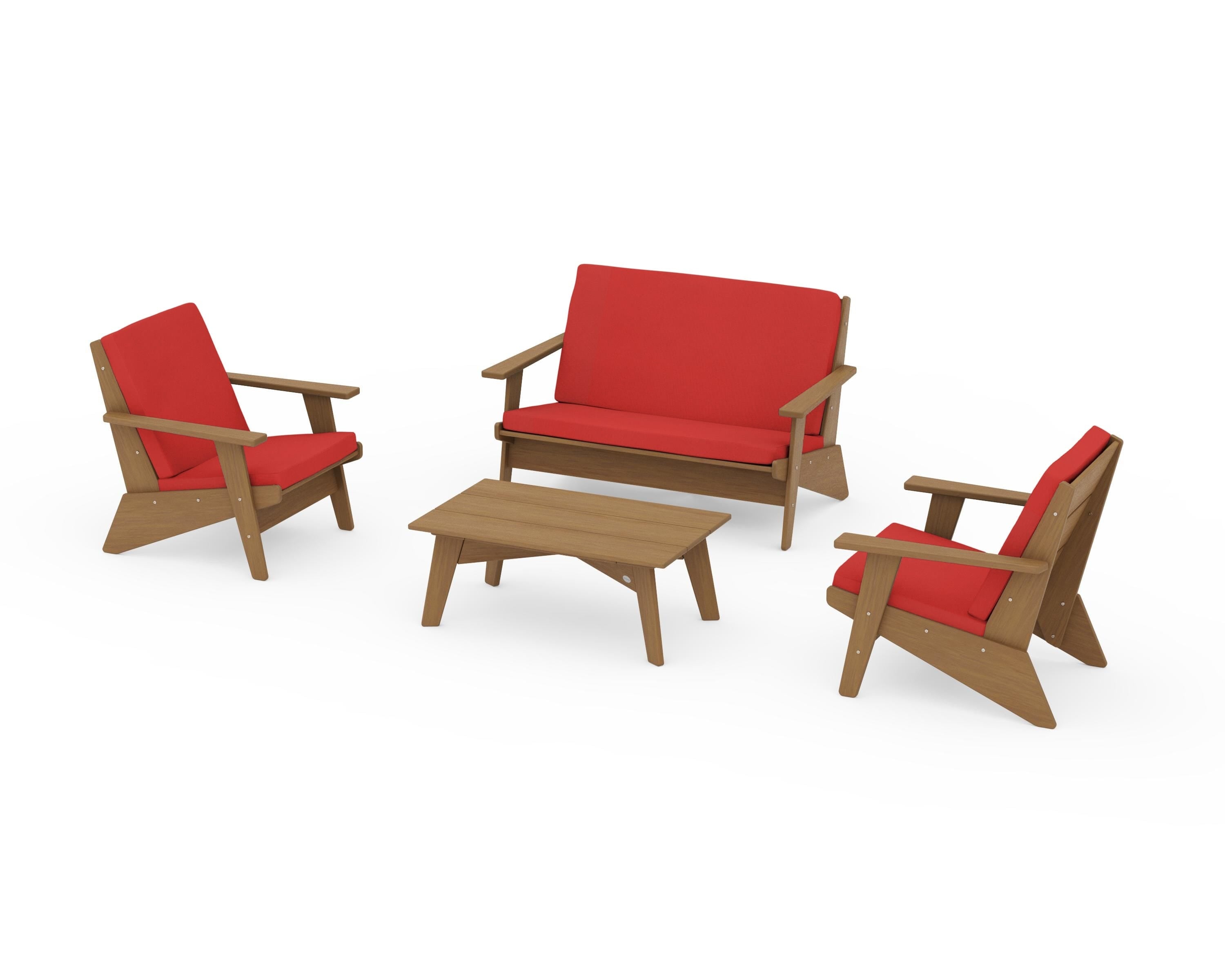 POLYWOOD Riviera Modern Lounge 4-Piece Set in Natural / Crimson Linen