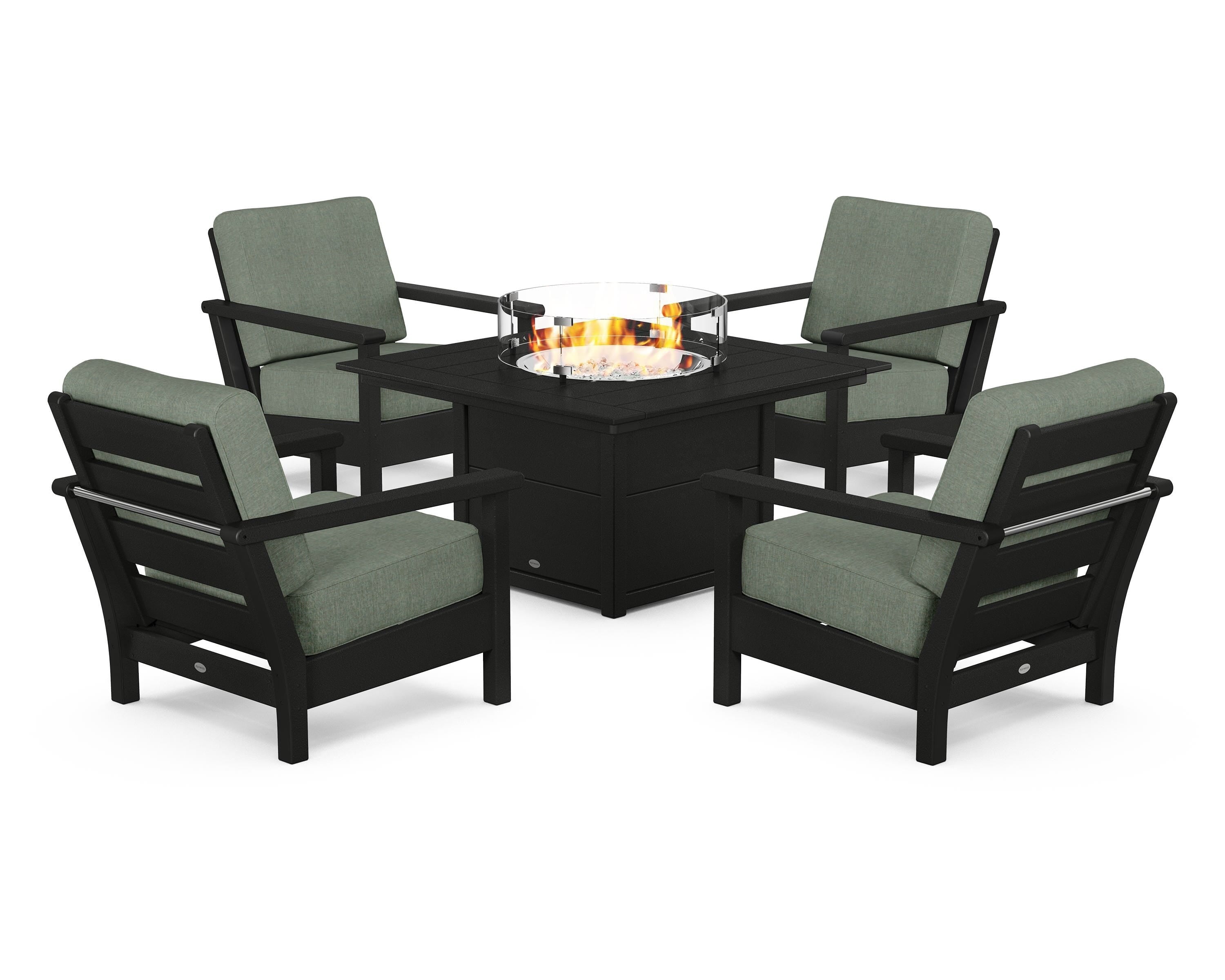 POLYWOOD Harbour 5-Piece Conversation Set with Fire Pit Table in Black / Cast Sage